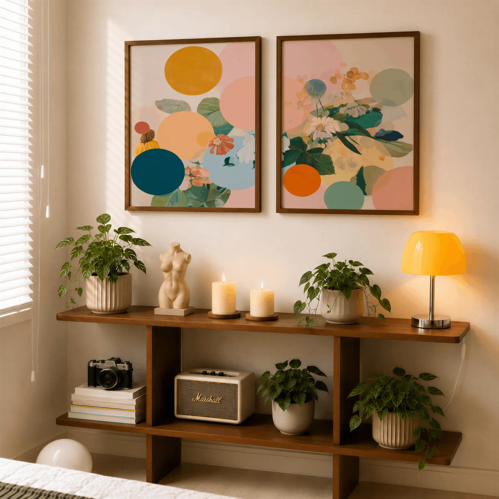 colorful floral abstract wall art set of 2, above a wooden console shelf with potted plants and a yellow lamp