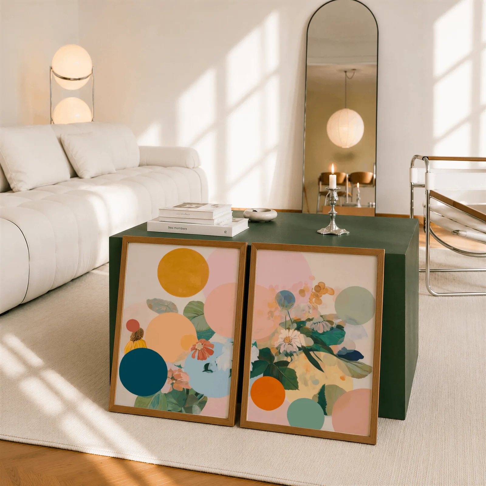 colorful floral abstract wall art set of 2, leaning against a dark green cube table beside an arched mirror