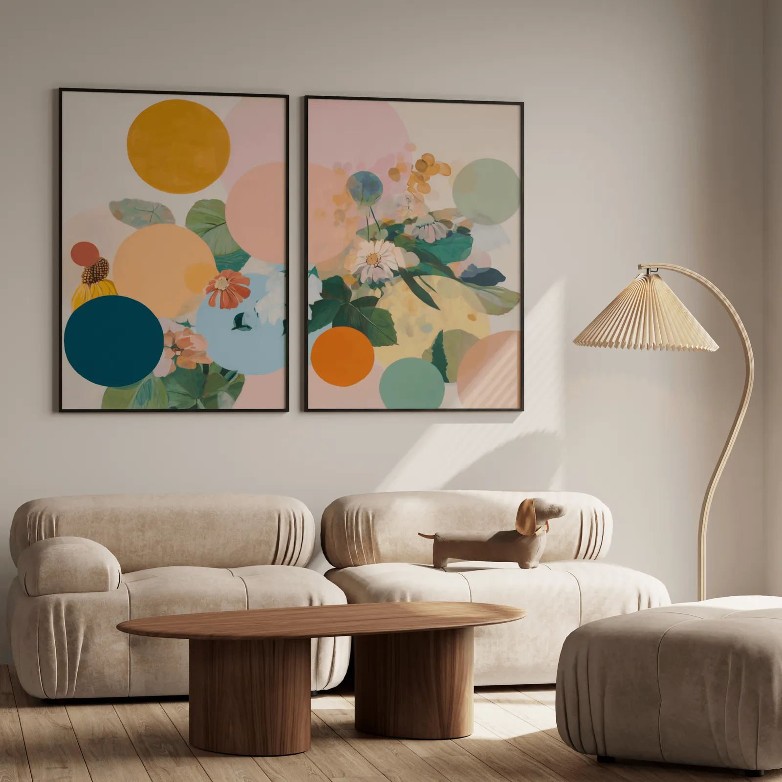 colorful floral abstract wall art set of 2, above a plush beige sofa with a pleated lamp nearby