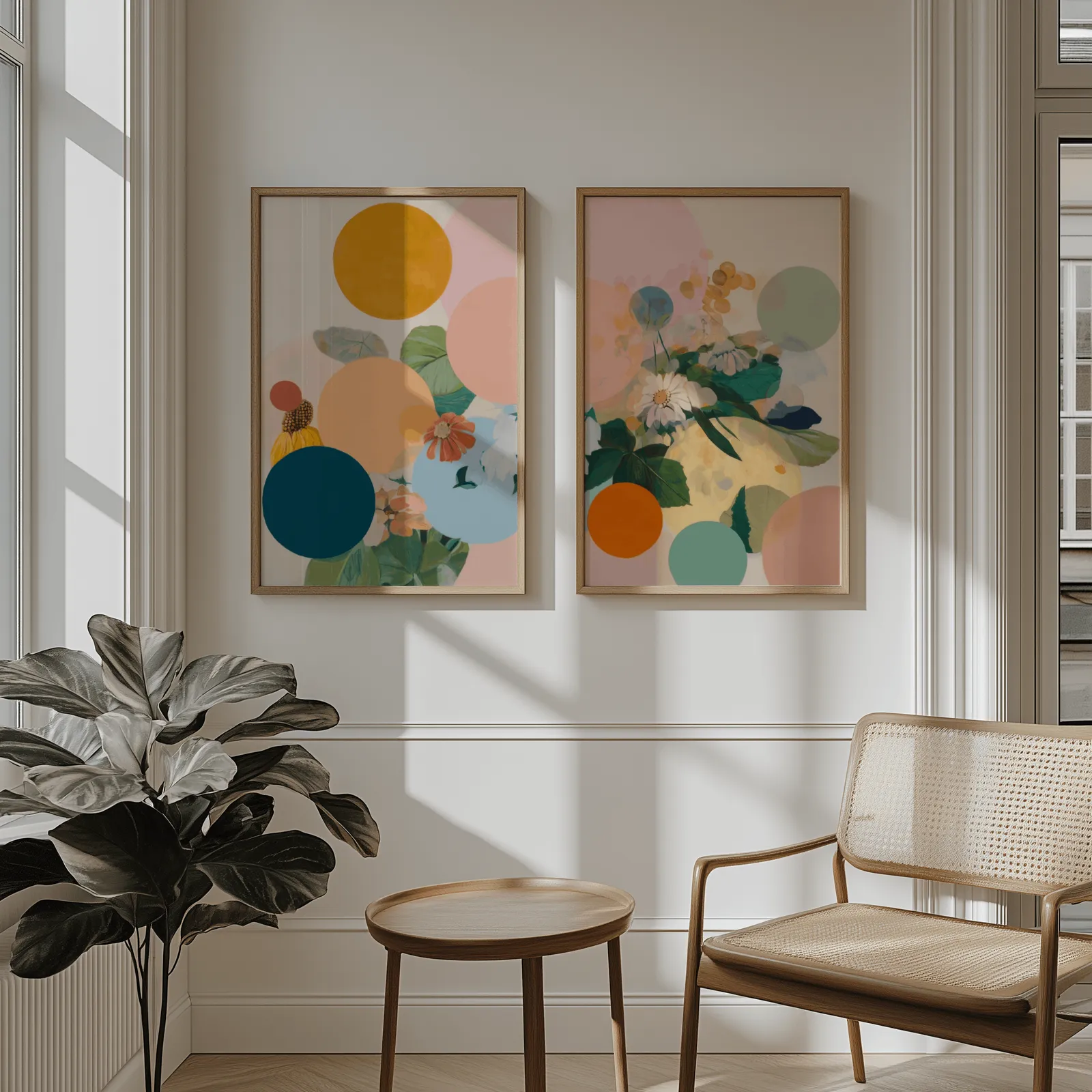 colorful floral abstract wall art set of 2, above wainscoting beside a cane armchair and fiddle-leaf fig