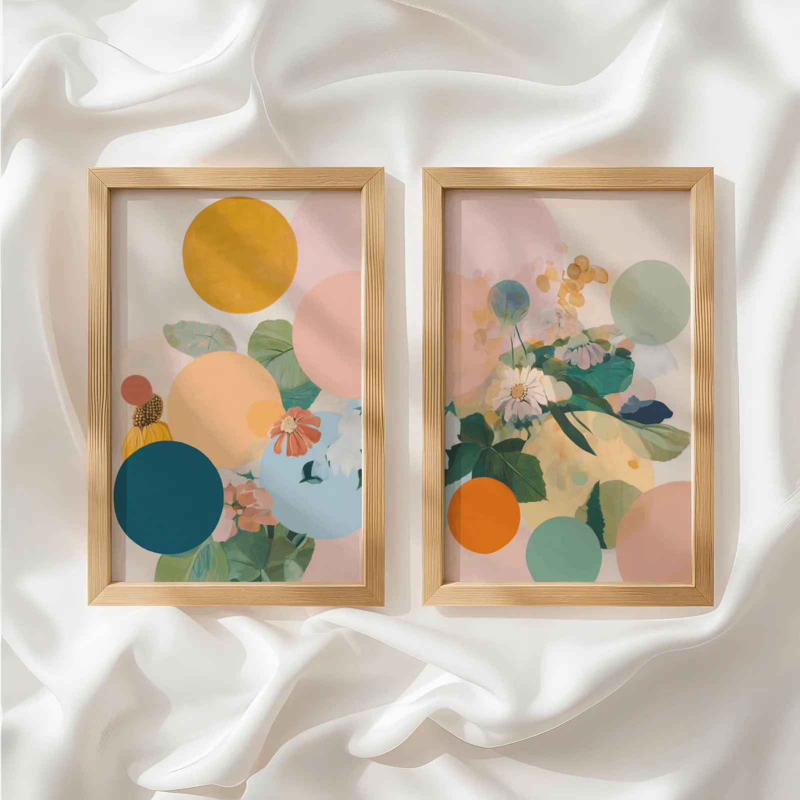 colorful floral abstract wall art set of 2, side by side atop rumpled white silky fabric