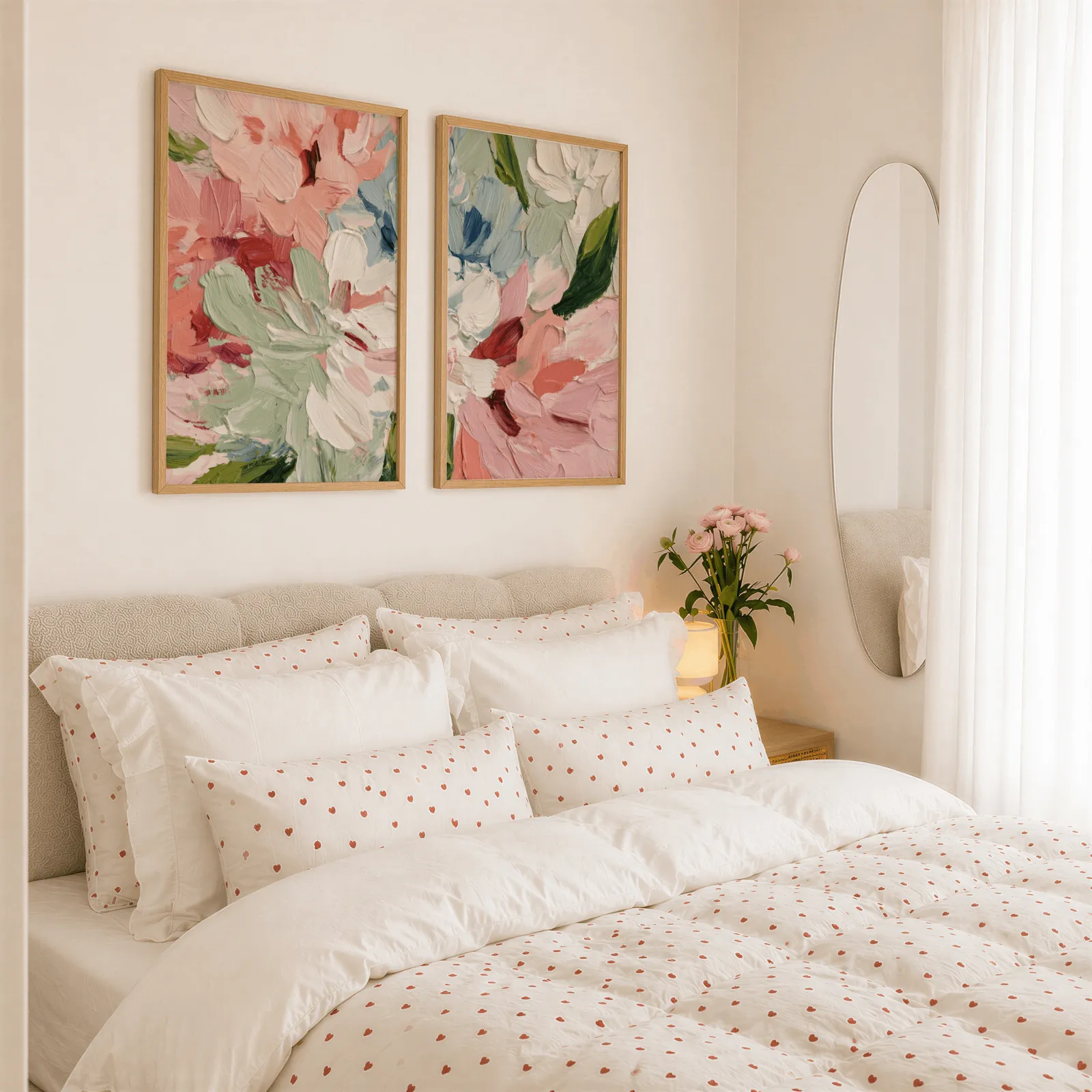 pink abstract floral wall art set of two, above a tufted headboard piled with heart-print pillows