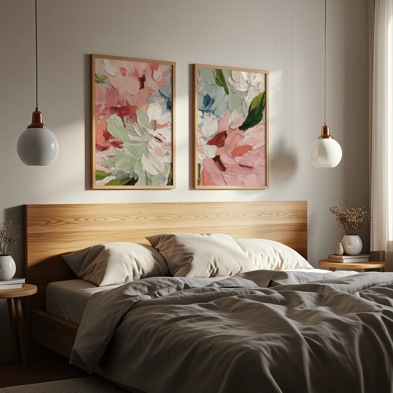 pink abstract floral wall art set of two, above a wooden headboard flanked by globe pendant lights