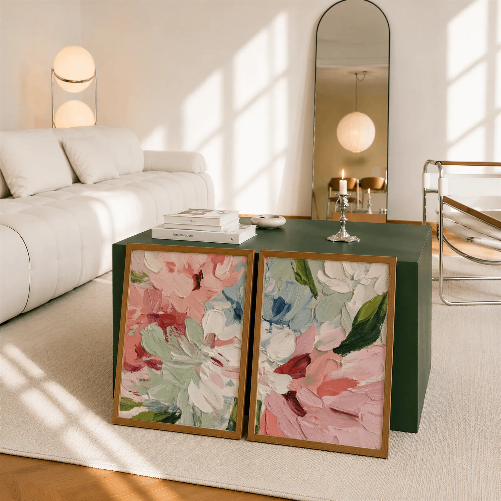 pink abstract floral wall art set of two, leaning against a dark green cube table beside an arched mirror