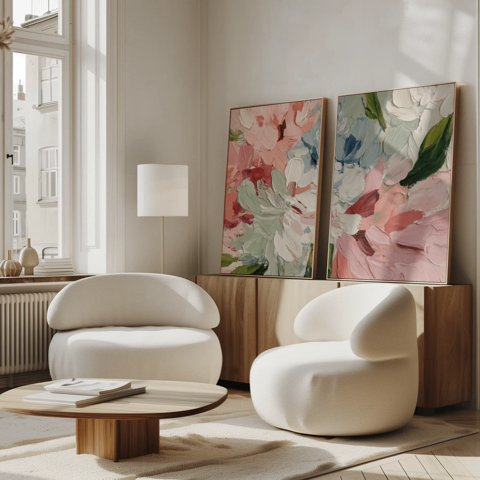 pink abstract floral wall art set of two, propped against a wooden sideboard beside boucle armchairs