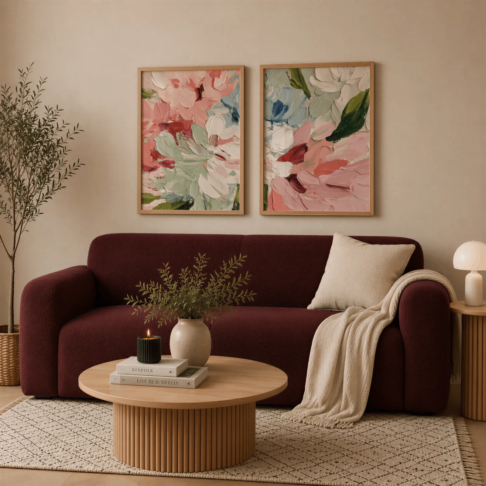pink abstract floral wall art set of two, above a deep burgundy boucle sofa with cream throw