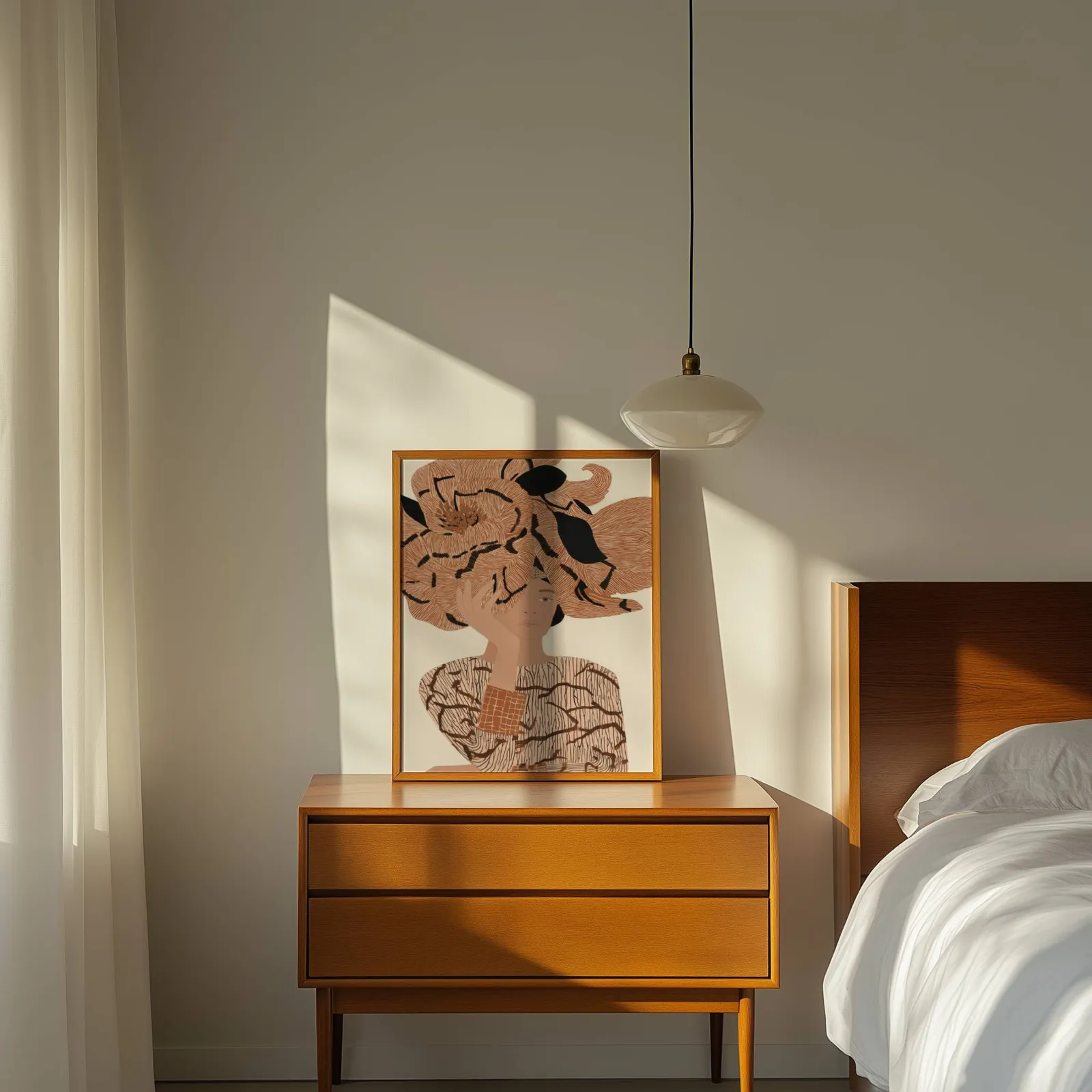 terracotta floral woman portrait abstract wall art, propped on a wooden dresser beside a pendant lamp