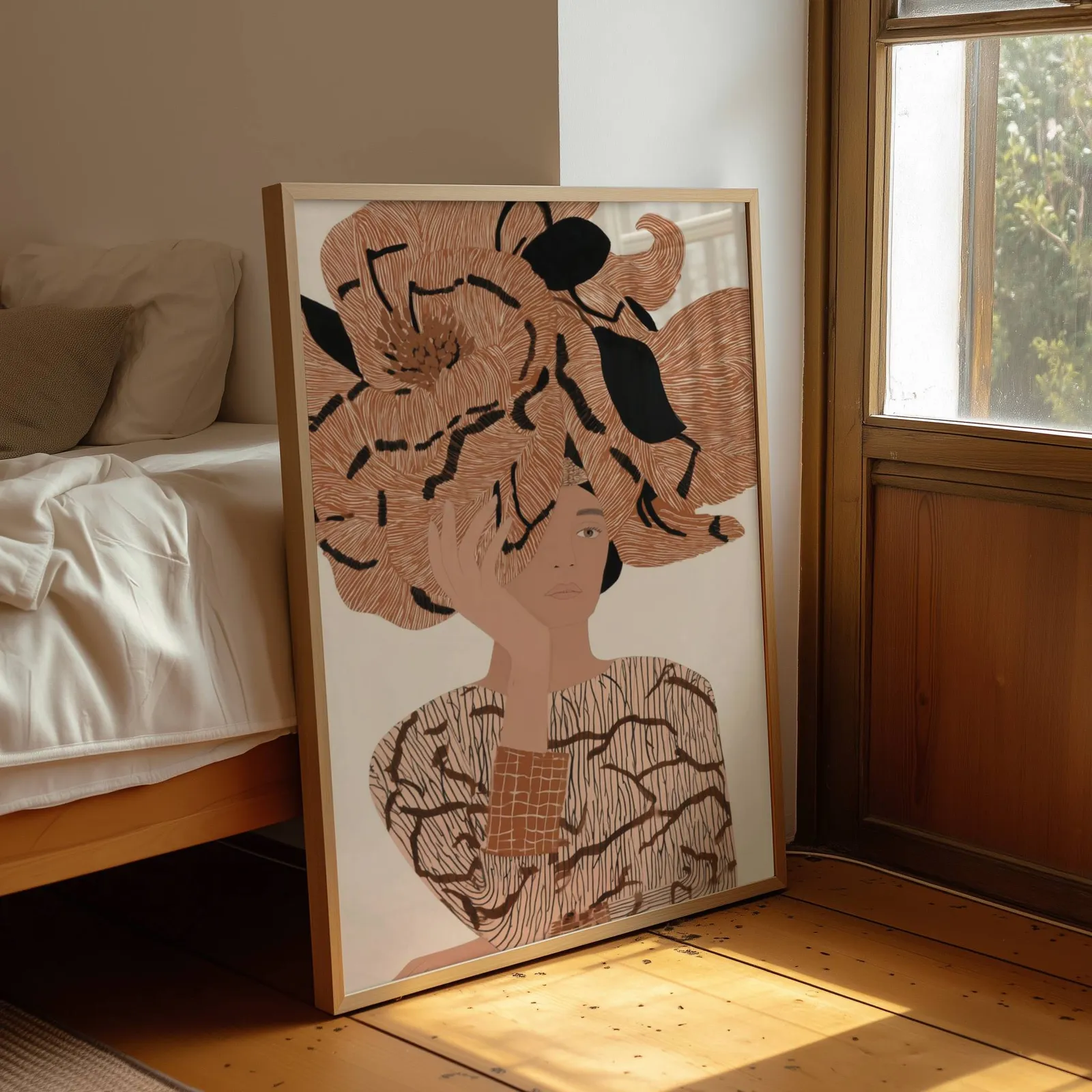 terracotta floral woman portrait abstract wall art, leaning by a sunlit window beside an unmade bed