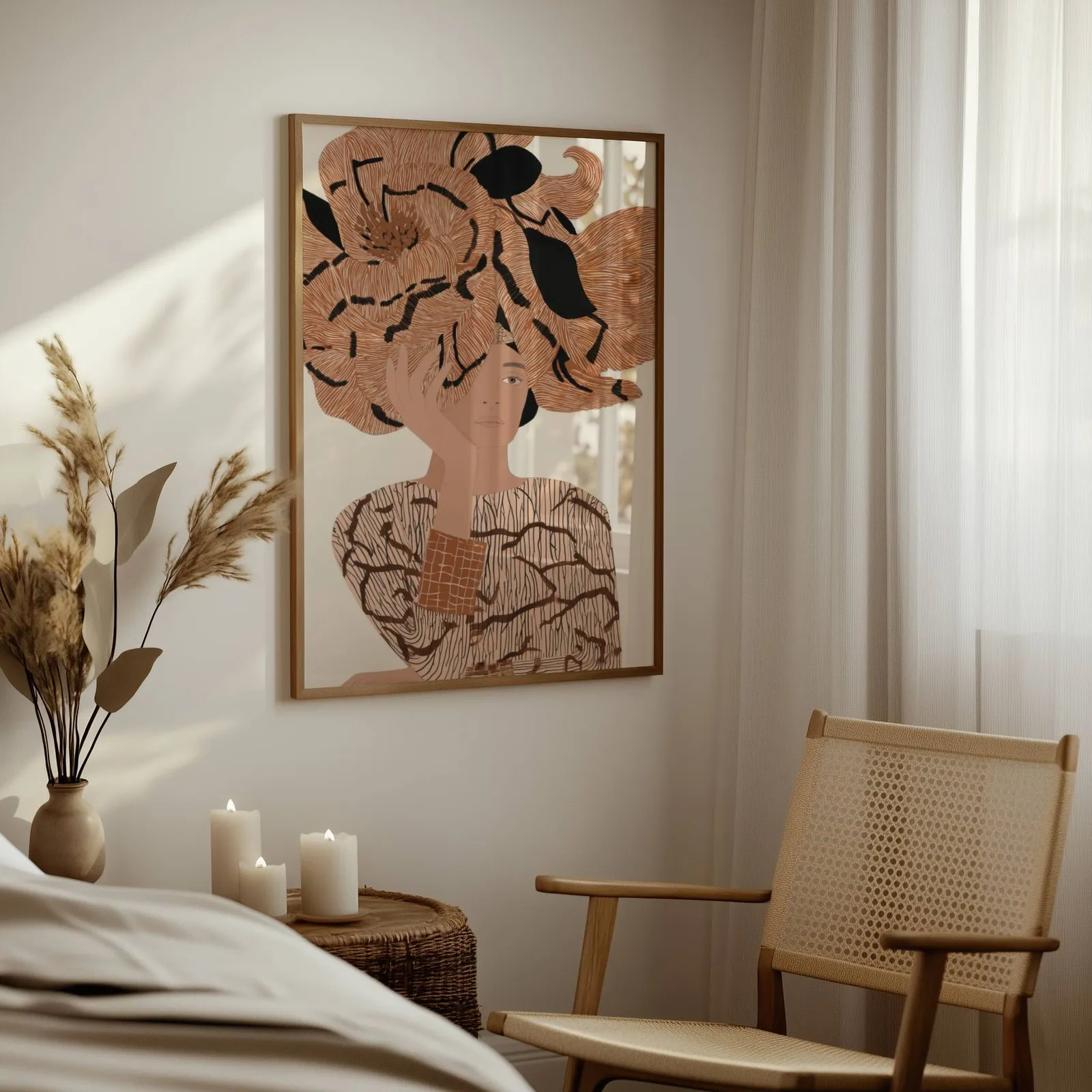terracotta floral woman portrait abstract wall art, above a woven side table with lit candles and pampas grass