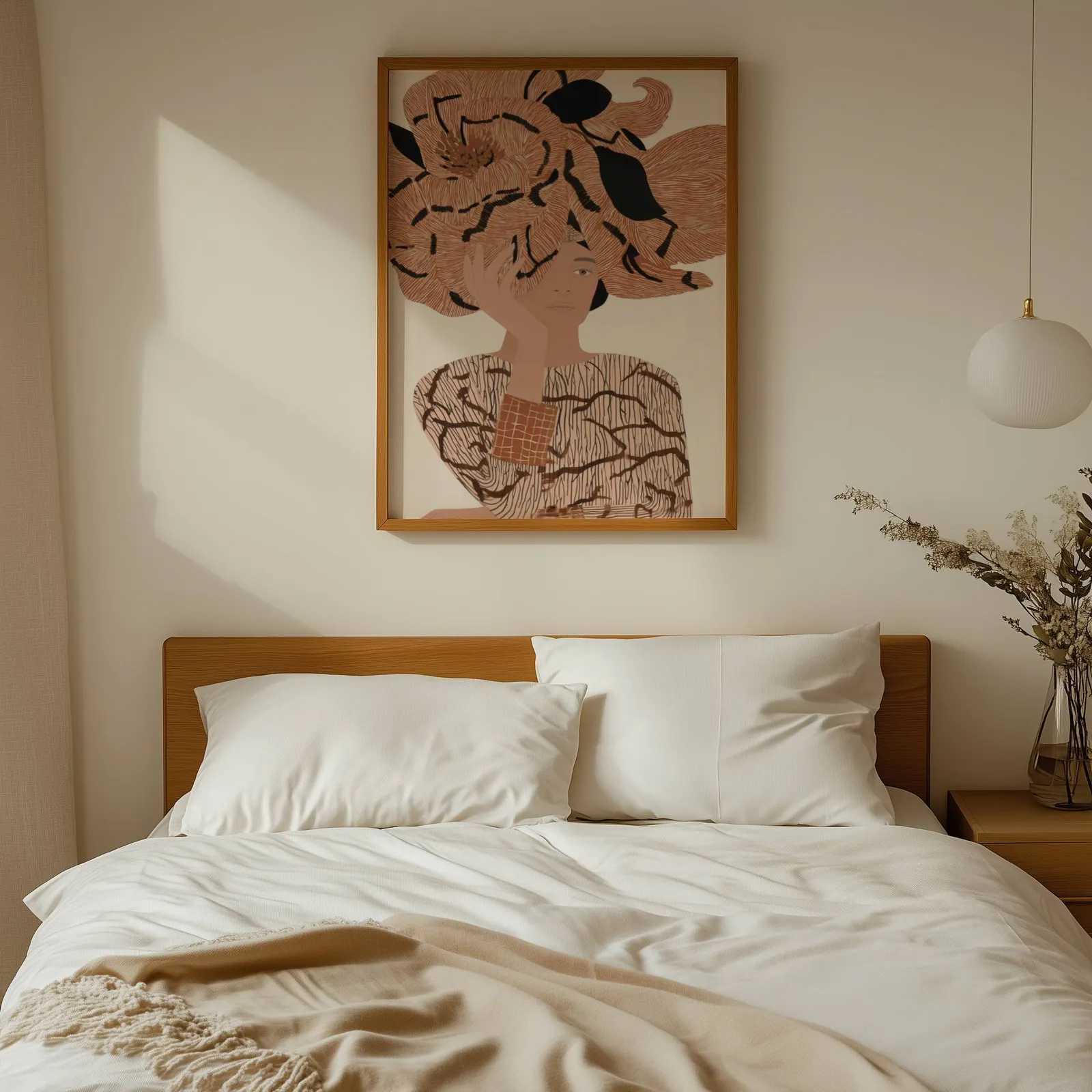 terracotta floral woman portrait abstract wall art, above a wooden headboard with white linen pillows
