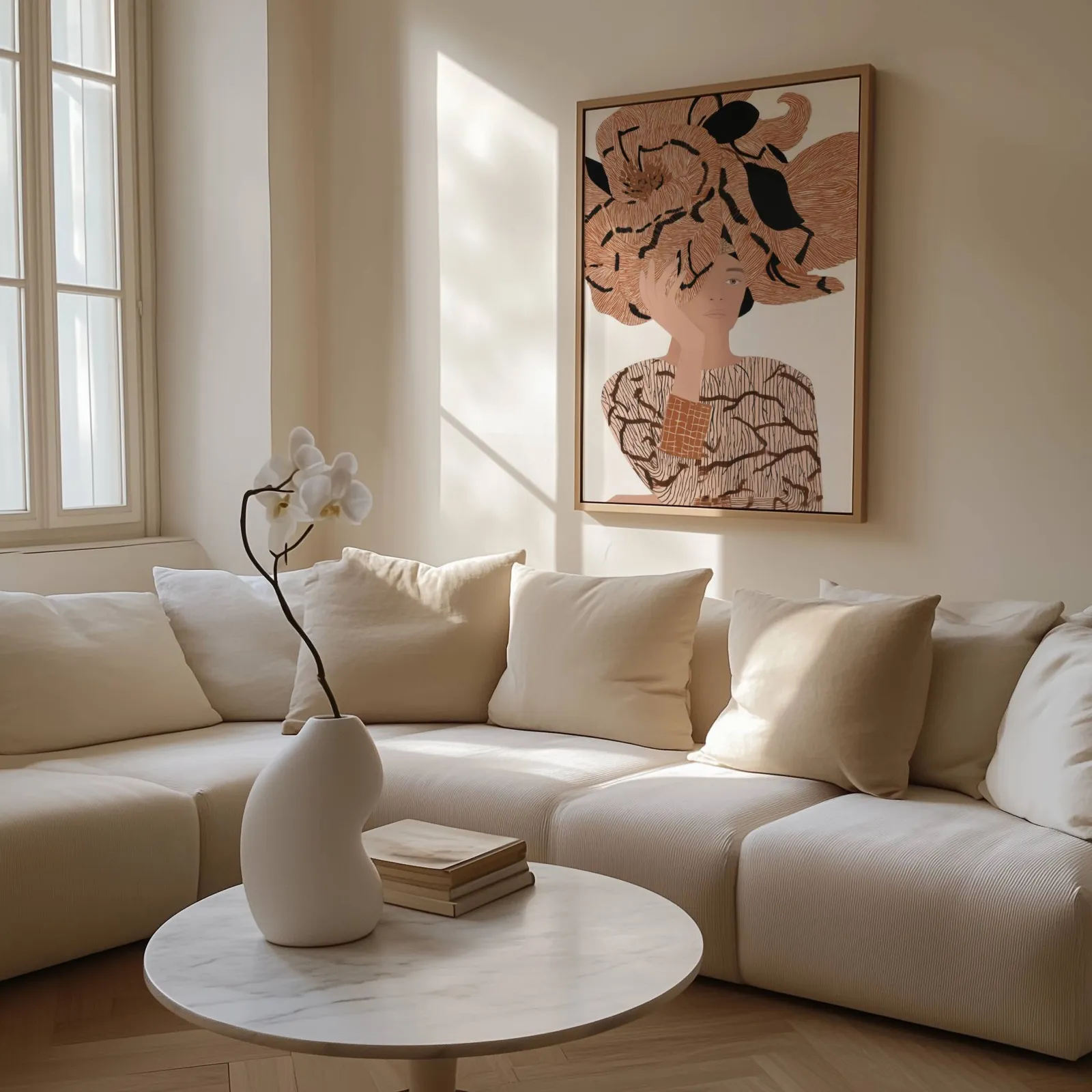 terracotta floral woman portrait abstract wall art, above a cream sectional beside a tall sunlit window