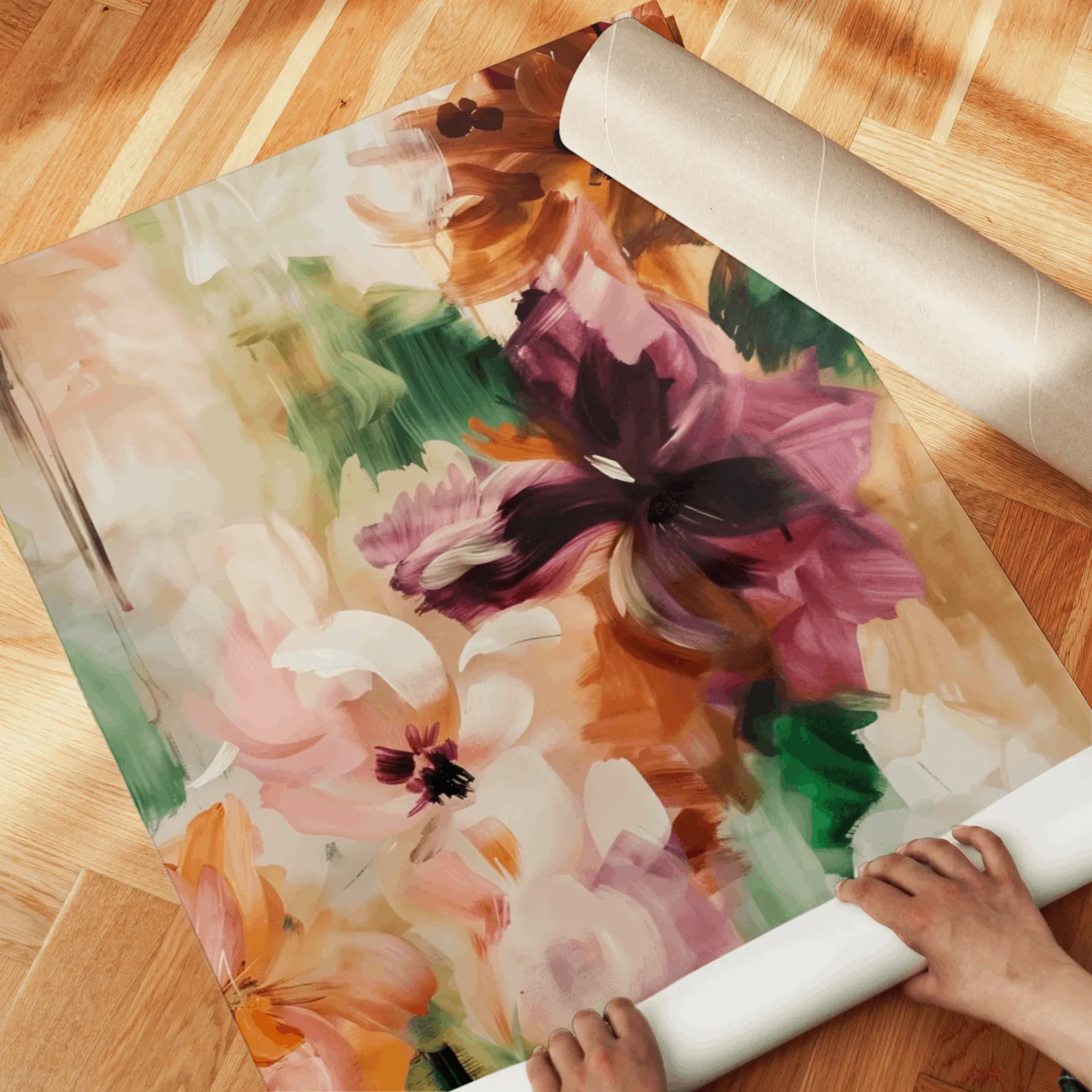 colorful floral triptych wall art in burgundy and green, unrolled across a herringbone wood floor by hand
