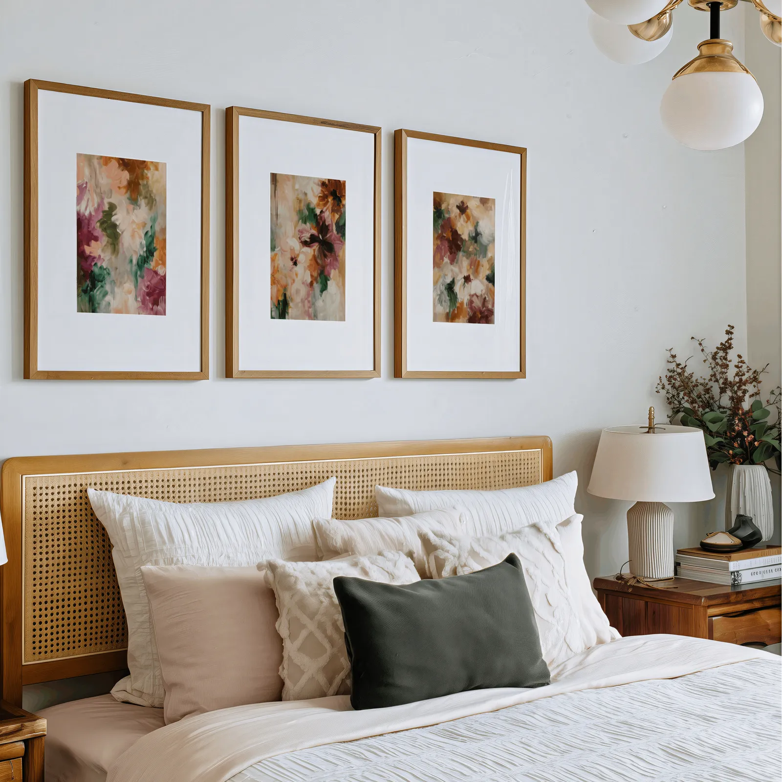 colorful floral triptych wall art in burgundy and green, above a rattan headboard piled with pillows