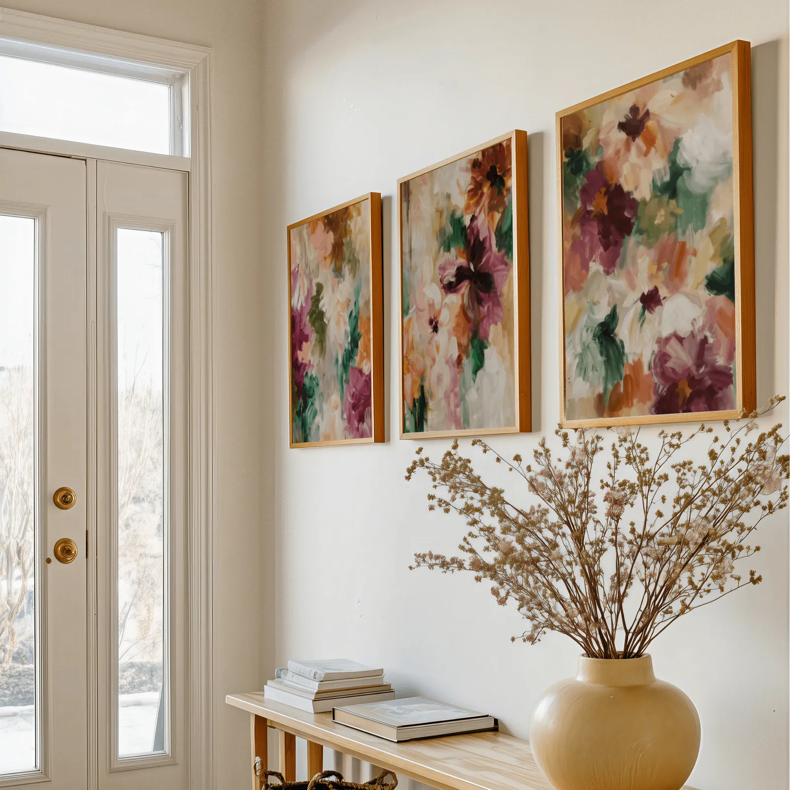 colorful floral triptych wall art in burgundy and green, above a console table with a yellow vase of dried branches