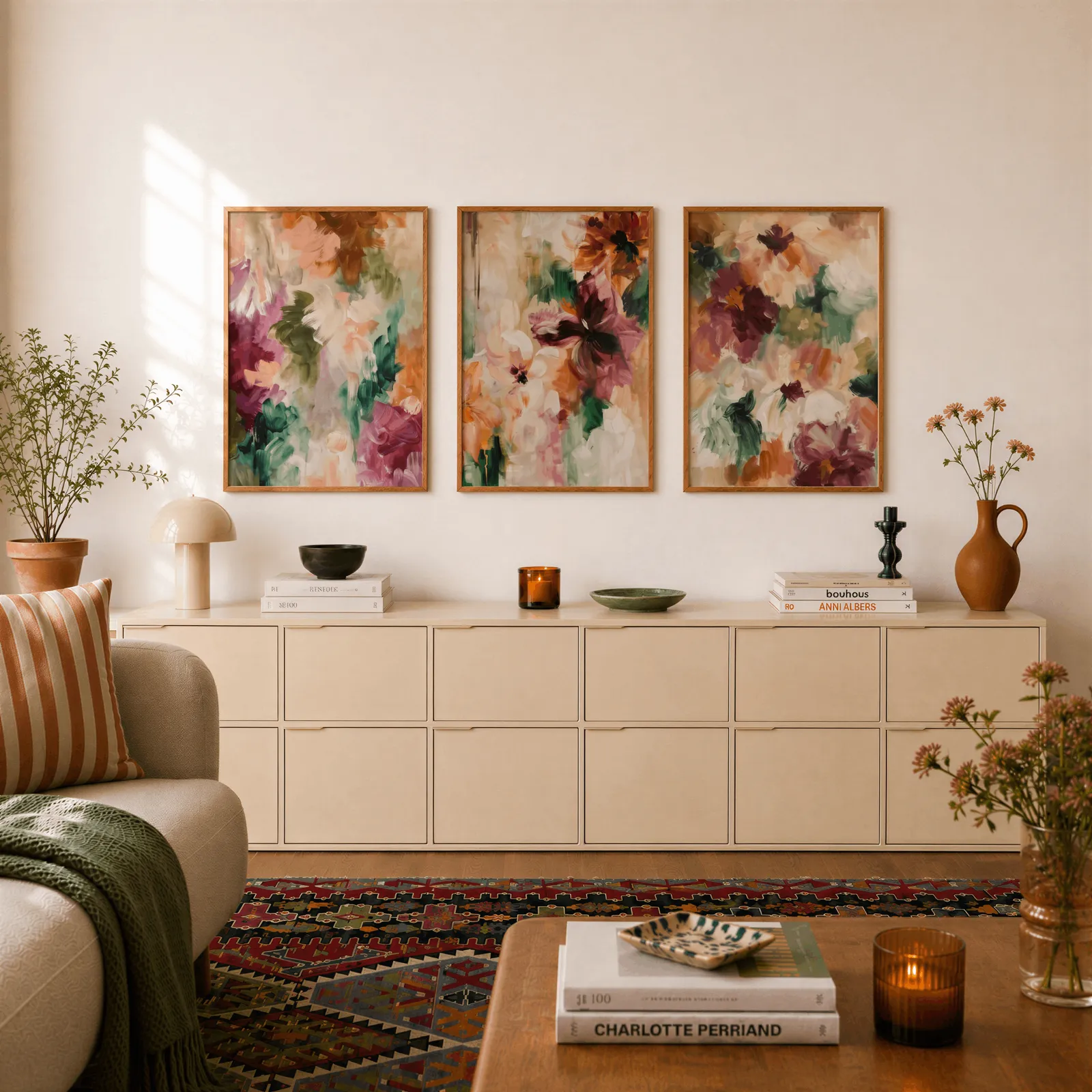 colorful floral triptych wall art in burgundy and green, above a long cream sideboard topped with books and a terracotta jug