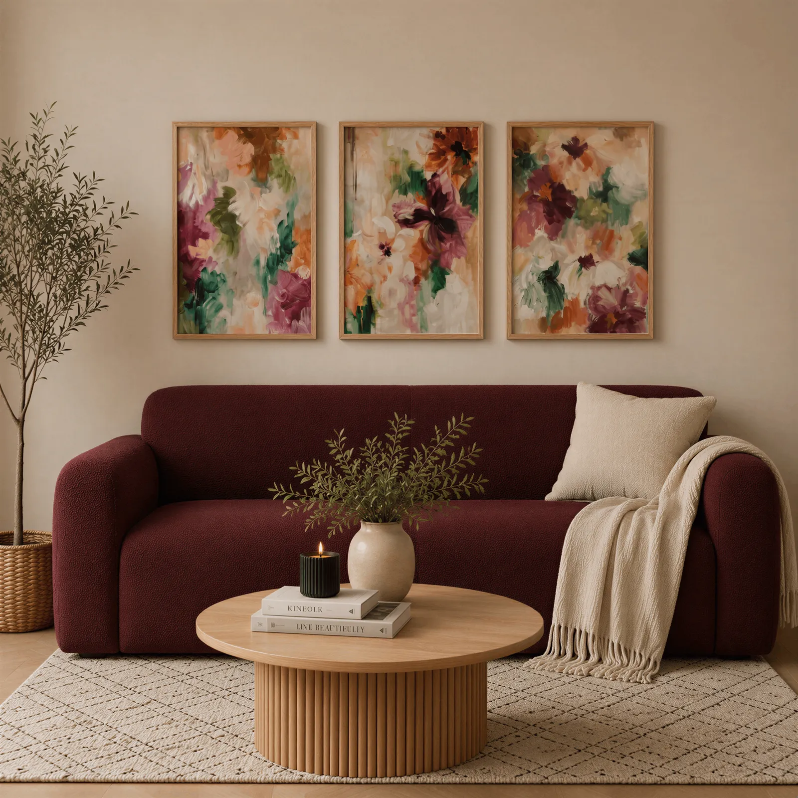colorful floral triptych wall art in burgundy and green, above a burgundy boucle sofa with a cream throw
