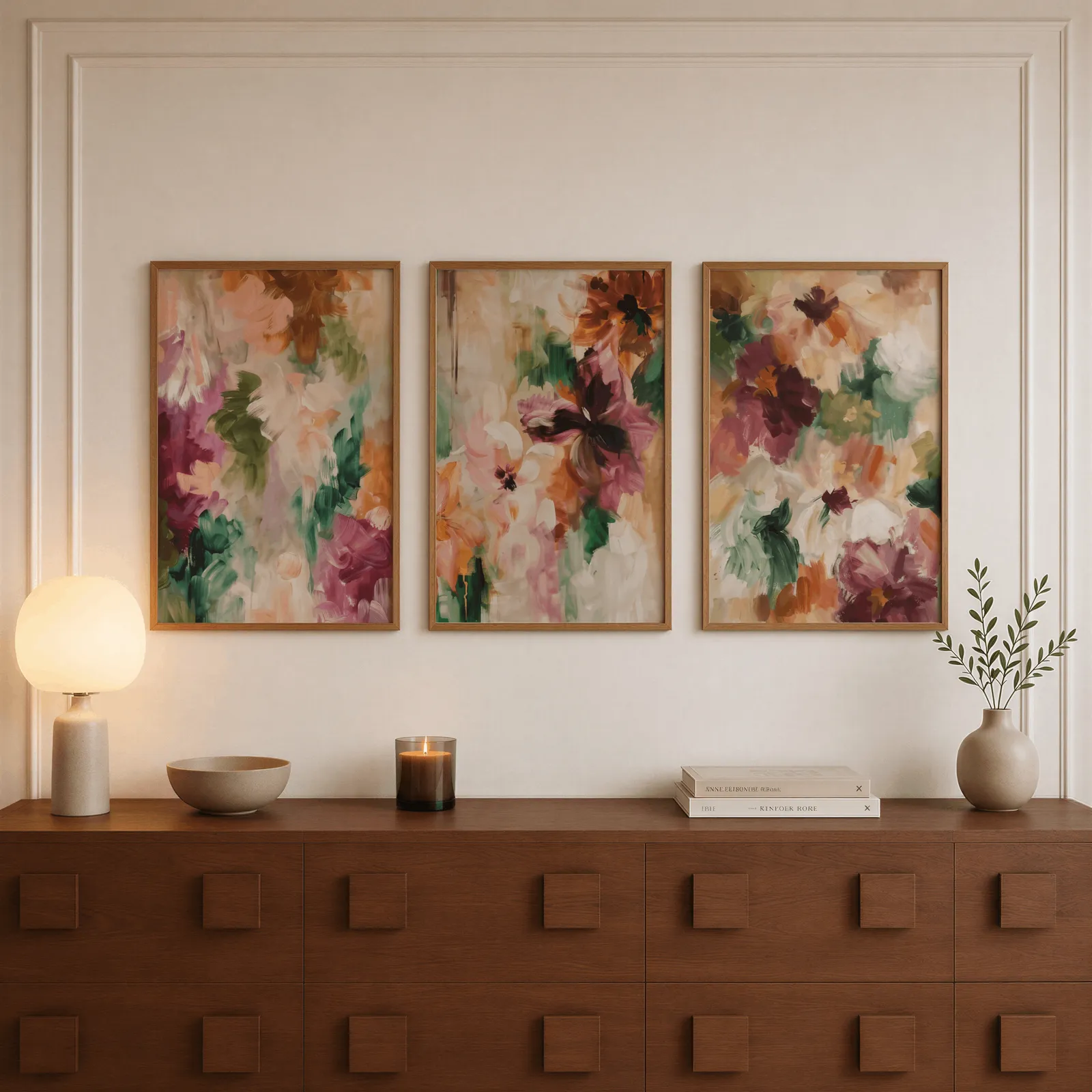 colorful floral triptych wall art in burgundy and green, above a walnut sideboard with a lit candle and glowing lamp