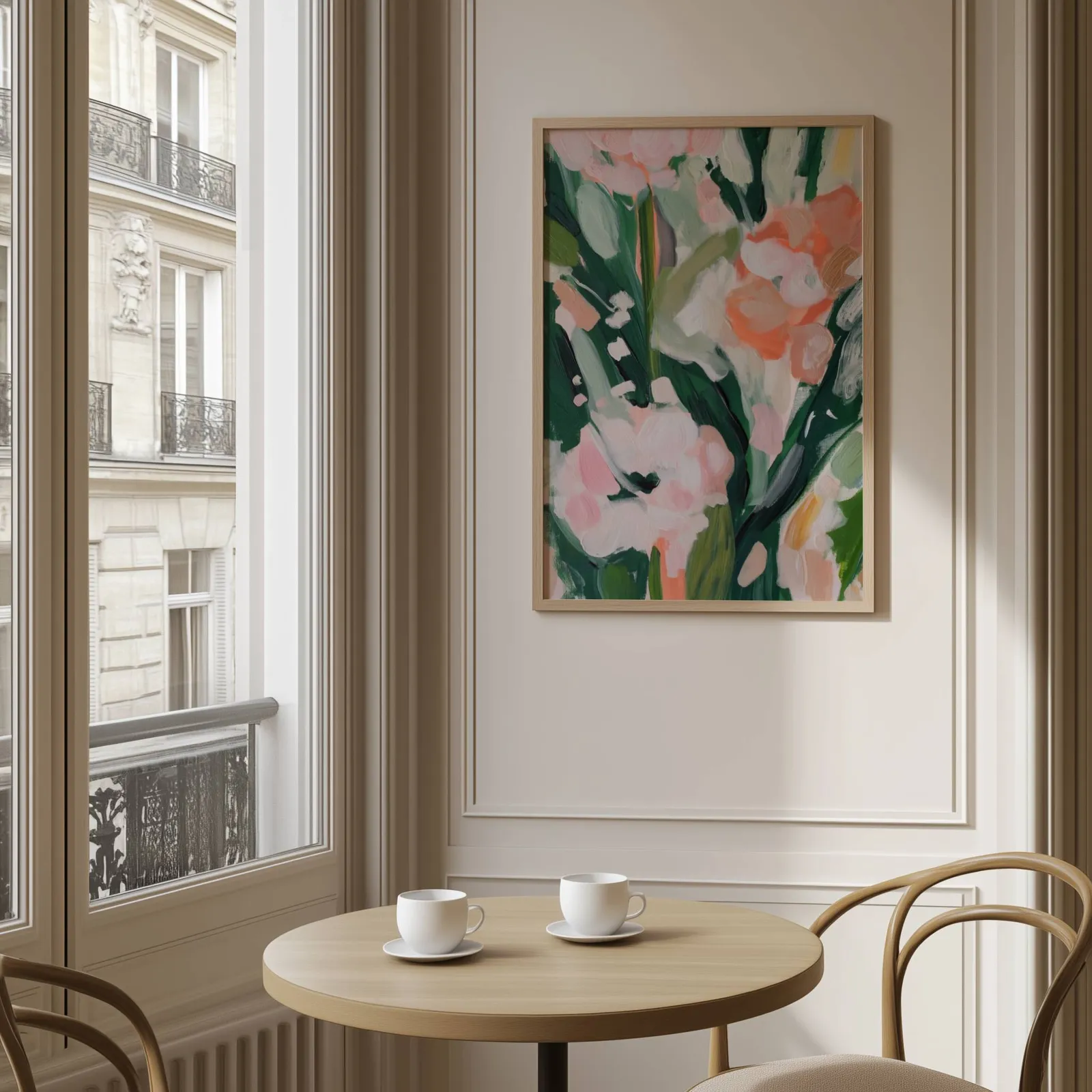pink floral botanical wall art, above a round café table set with two coffee cups