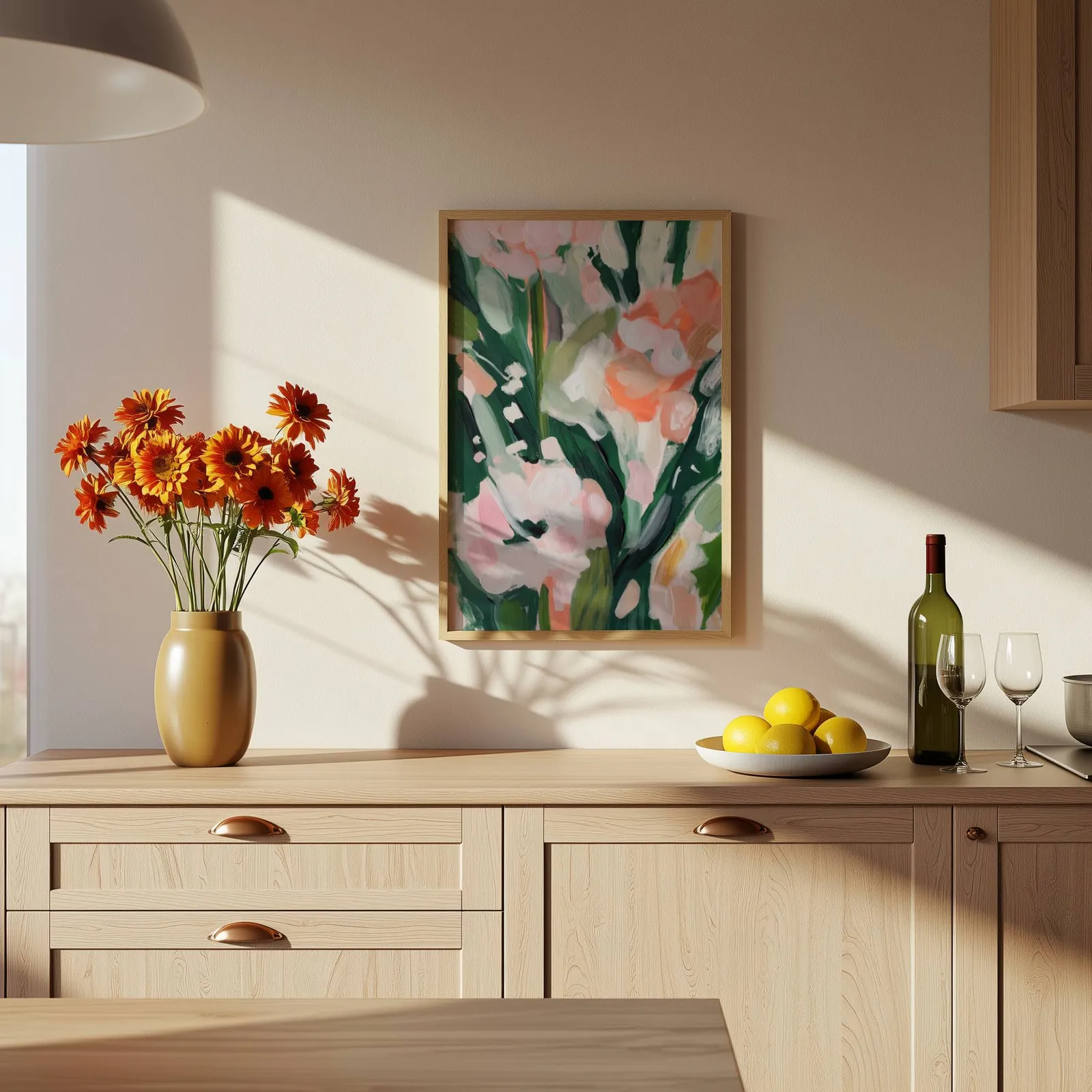 pink floral botanical wall art, above a wooden counter with a bowl of lemons