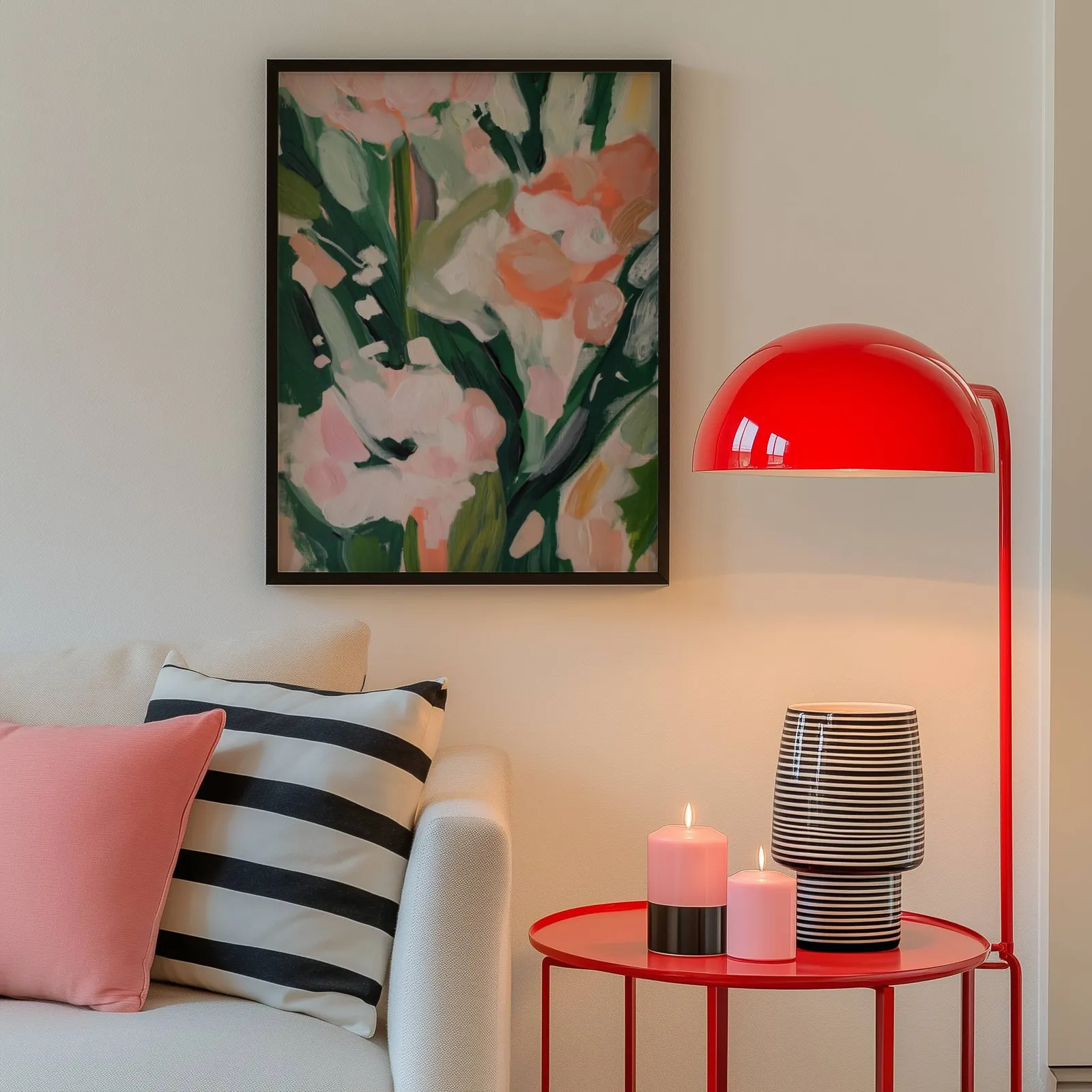 pink floral botanical wall art, above a cream sofa beside a glossy red dome lamp