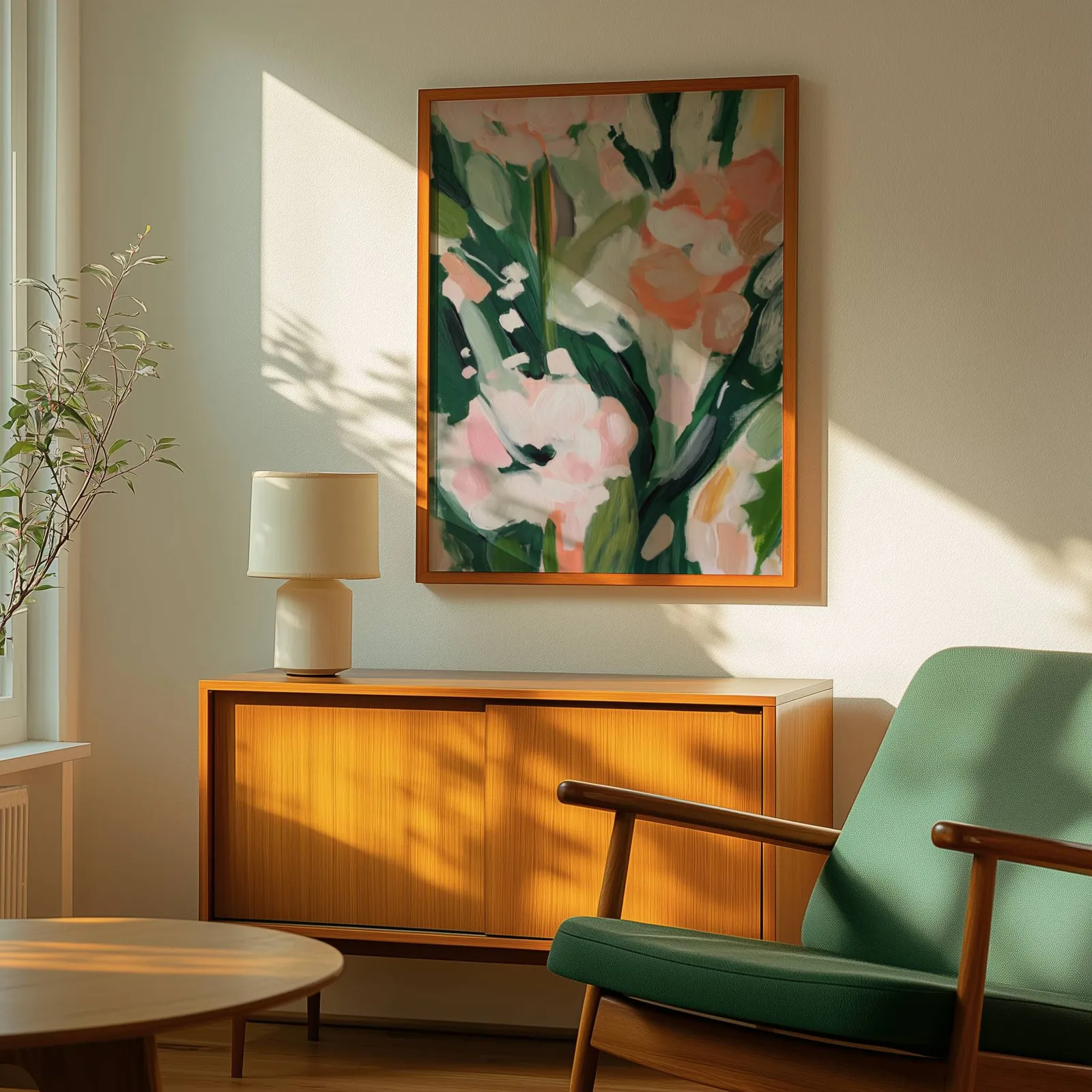 pink floral botanical wall art, above a wooden sideboard with a ceramic lamp and dappled sunlight
