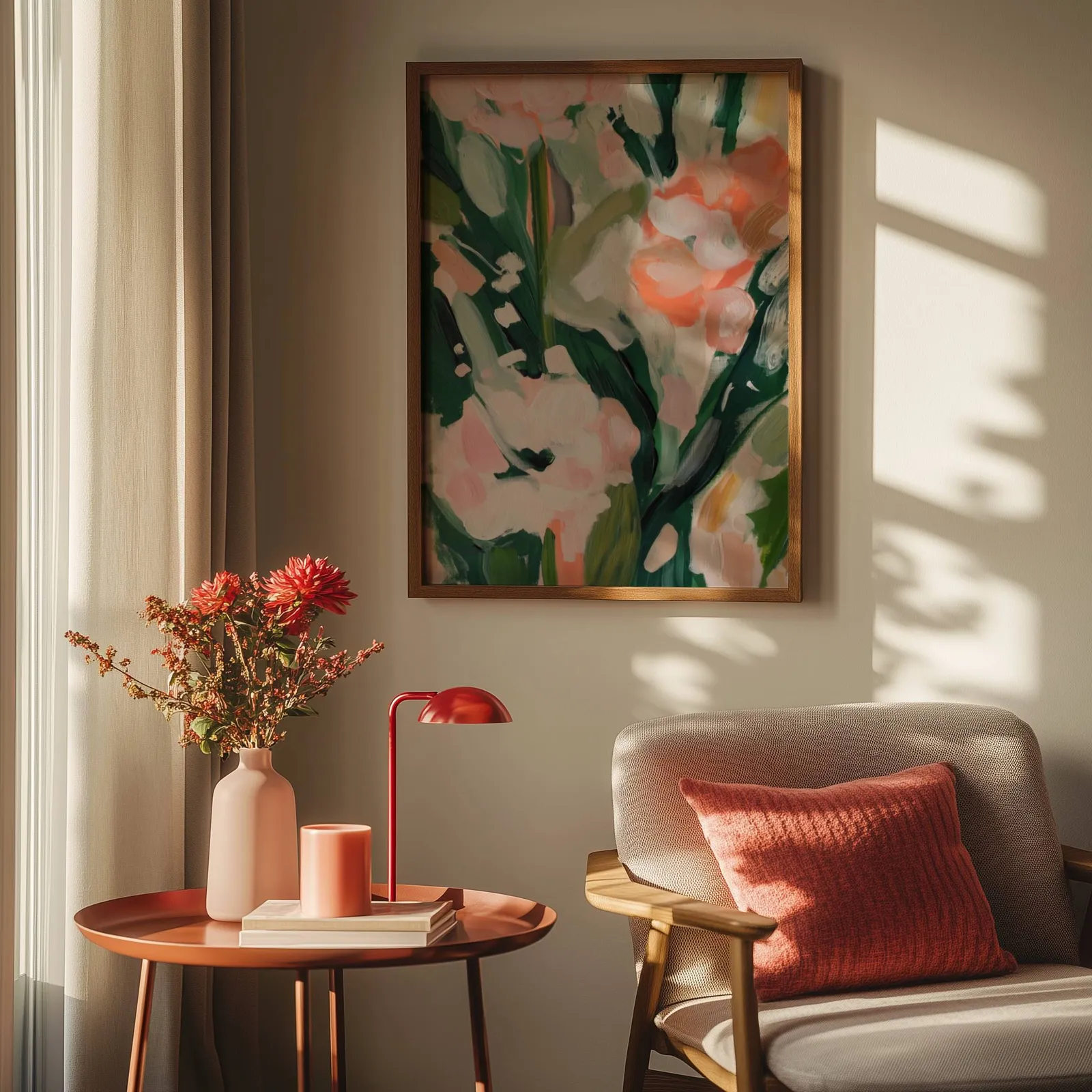 pink floral botanical wall art, above a round side table with a red lamp and dahlias