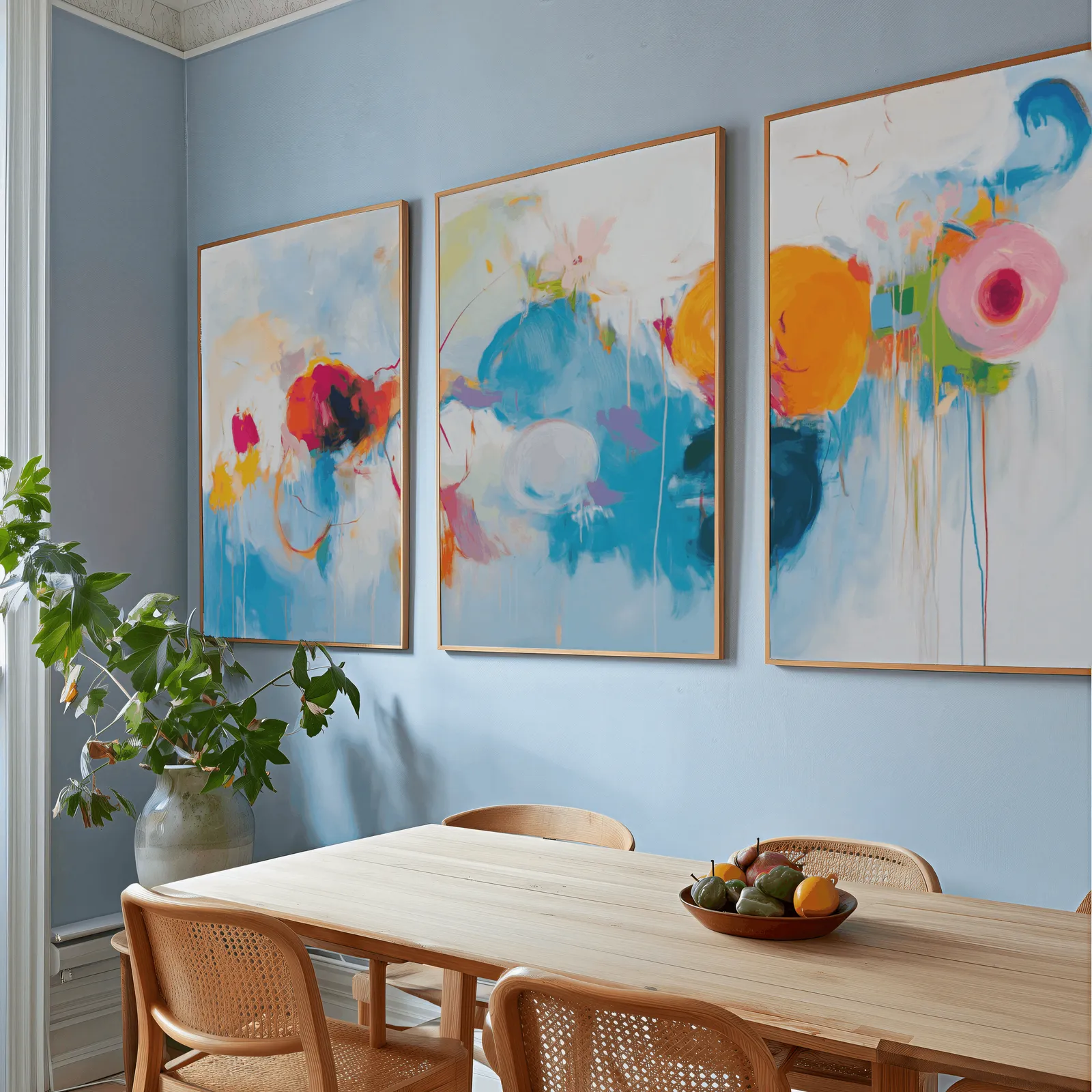 colorful abstract triptych wall art, above a wooden dining table with cane chairs and a fruit bowl