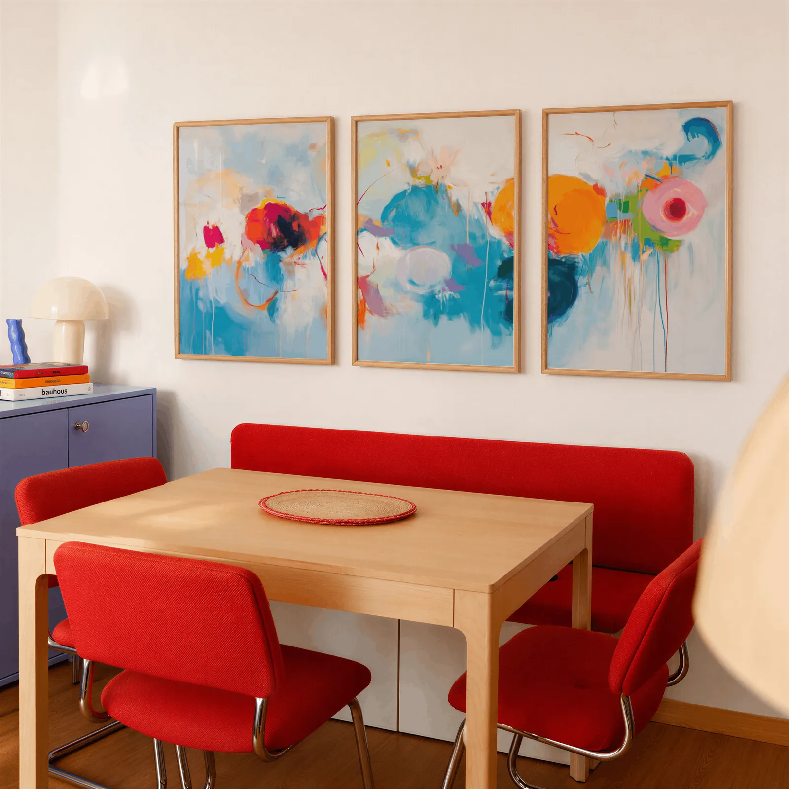colorful abstract triptych wall art, above a red banquette bench beside a lavender cabinet