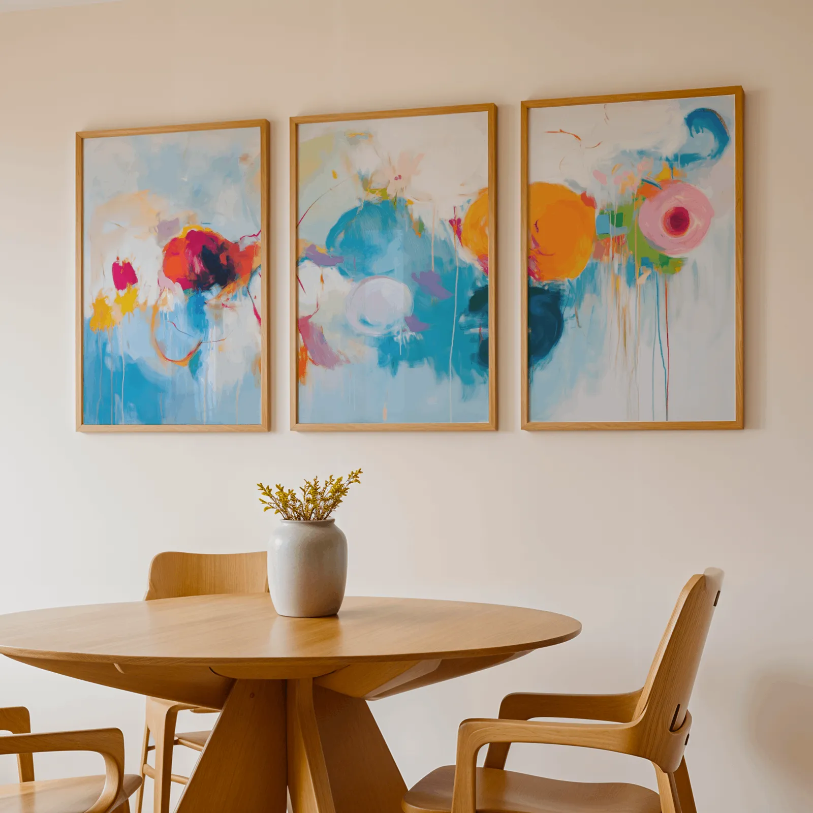 colorful abstract triptych wall art, above a round wooden table with a stoneware vase