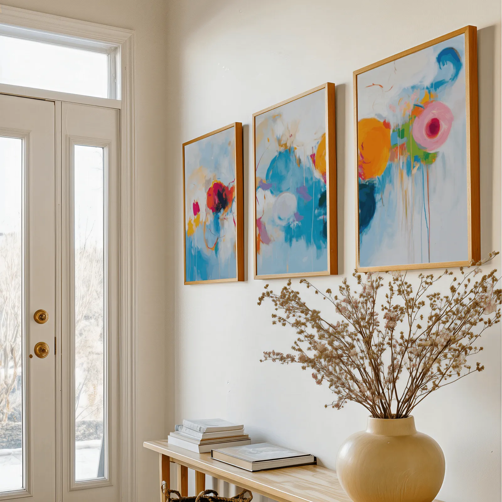 colorful abstract triptych wall art, above a console table with a yellow vase of dried branches