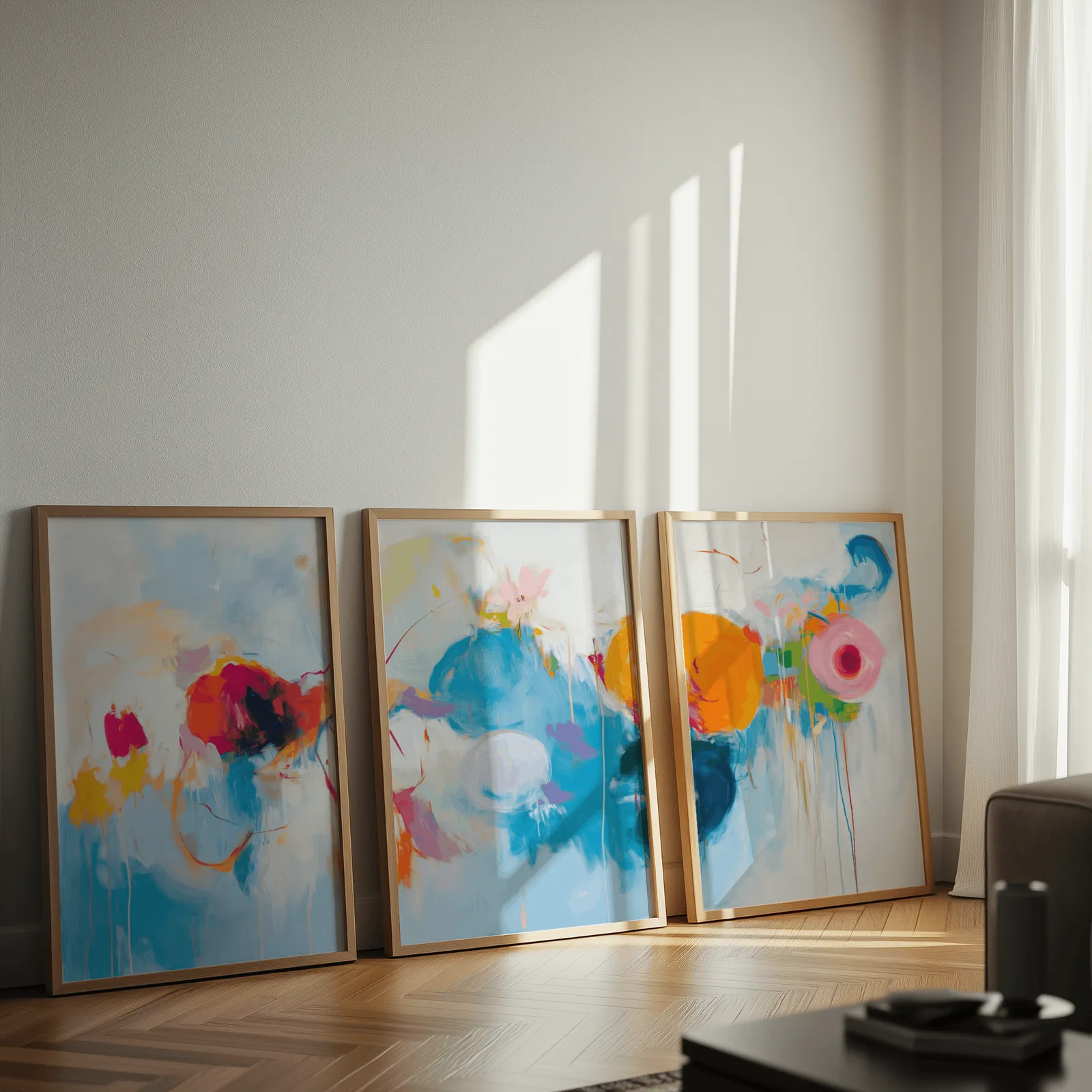 colorful abstract triptych wall art, leaning against a sunlit wall on herringbone flooring