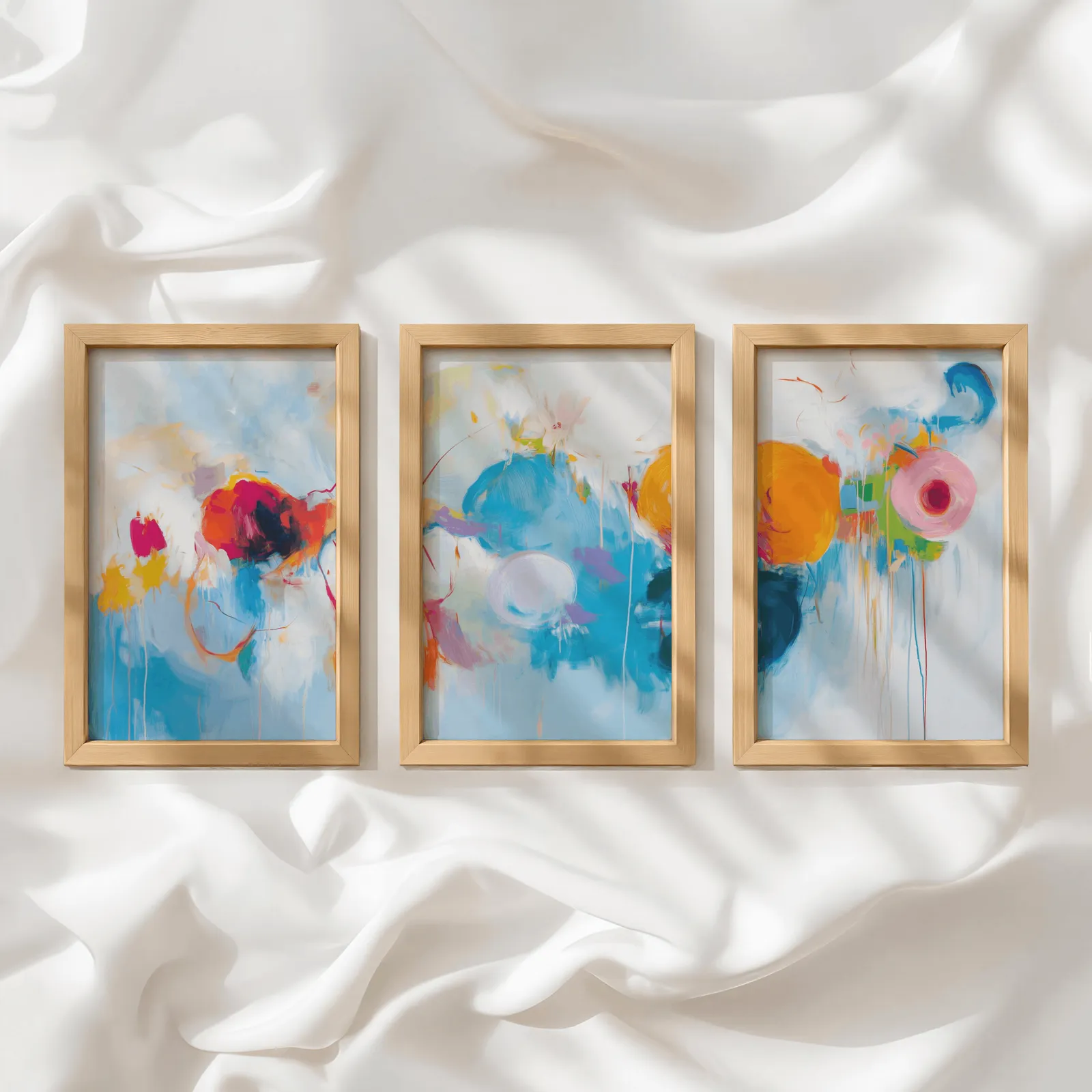 colorful abstract triptych wall art, in a row atop rumpled white silky fabric