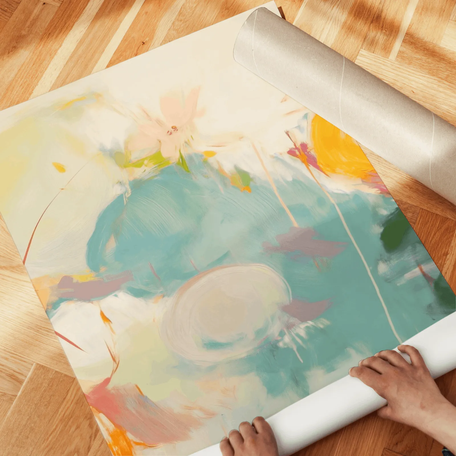 colorful abstract triptych wall art, unrolled across a herringbone wood floor by hand