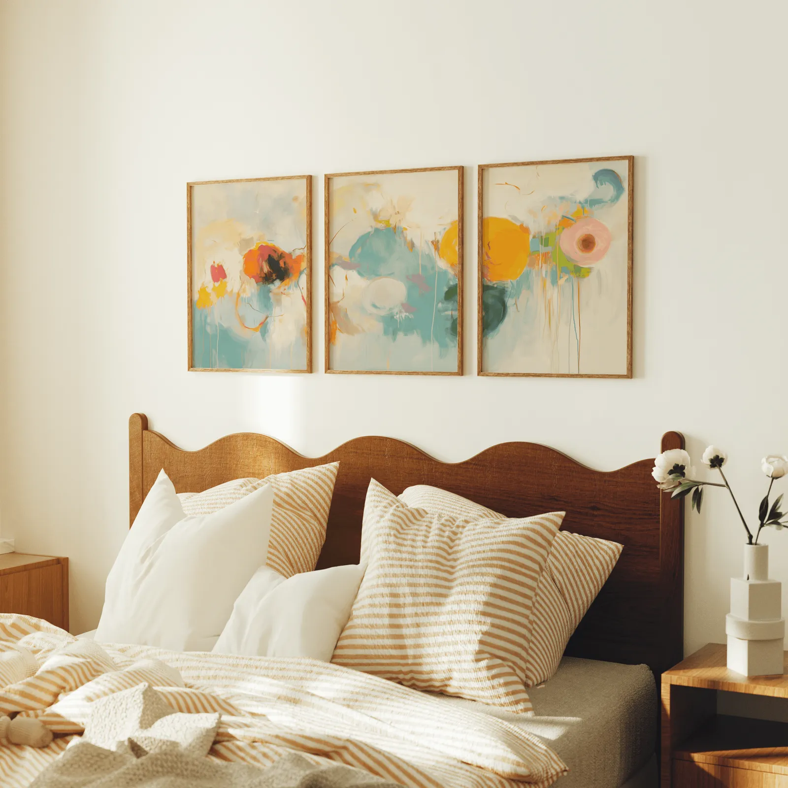 colorful abstract triptych wall art, above a scalloped wooden headboard with striped pillows