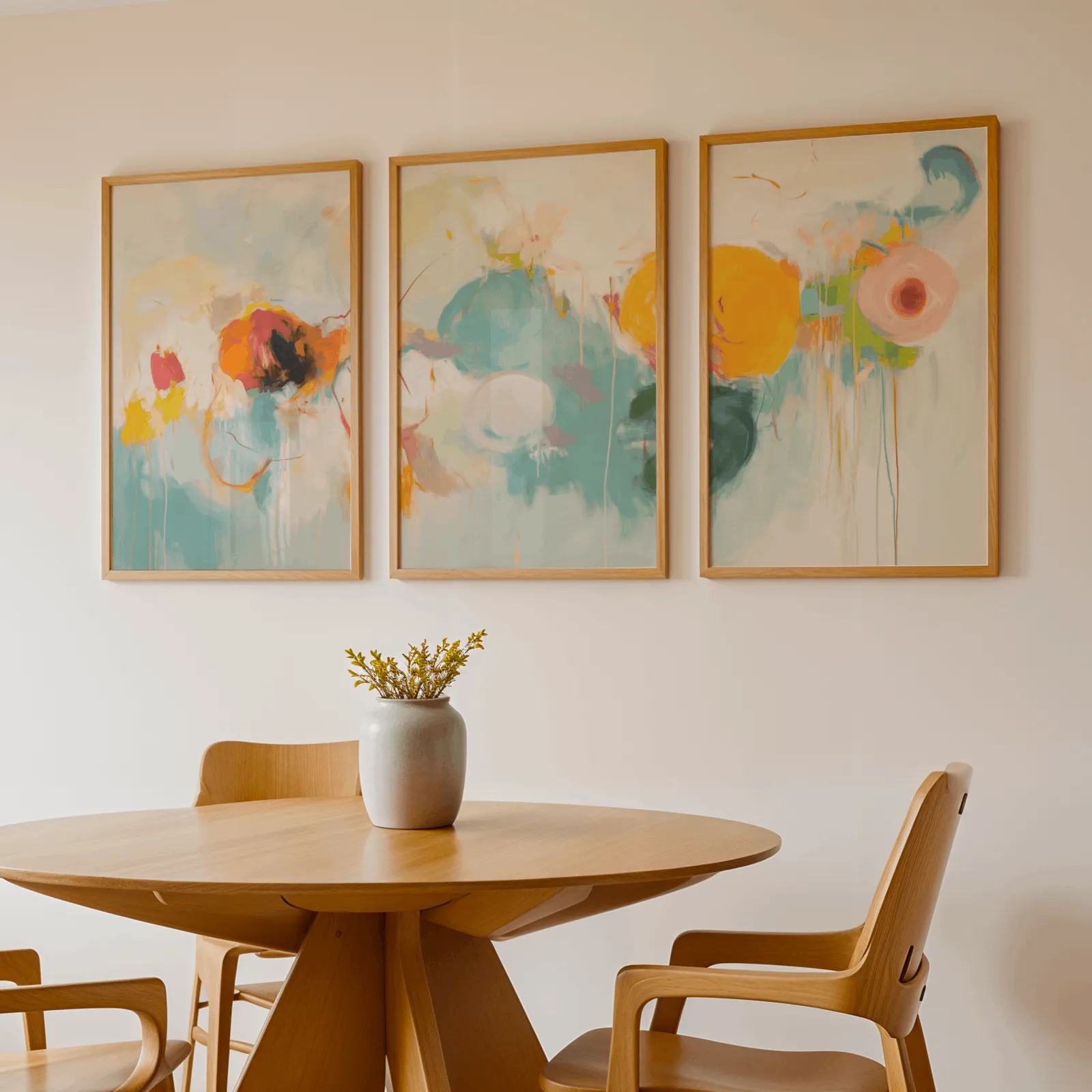 colorful abstract triptych wall art, above a round wooden table with a stoneware vase