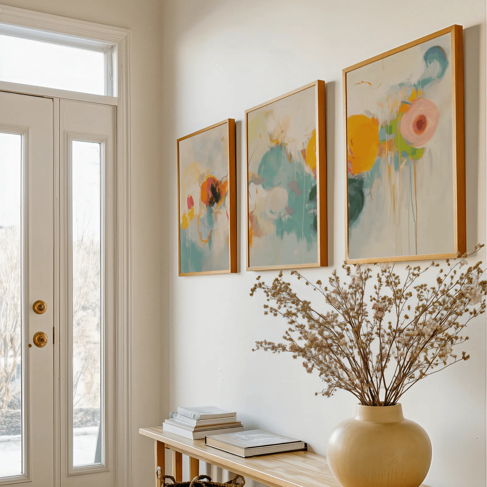 colorful abstract triptych wall art, above a console table with a yellow vase of dried branches