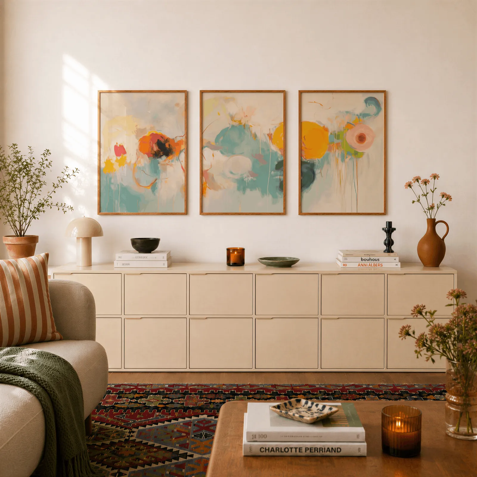 colorful abstract triptych wall art, above a long cream sideboard topped with books and a terracotta jug