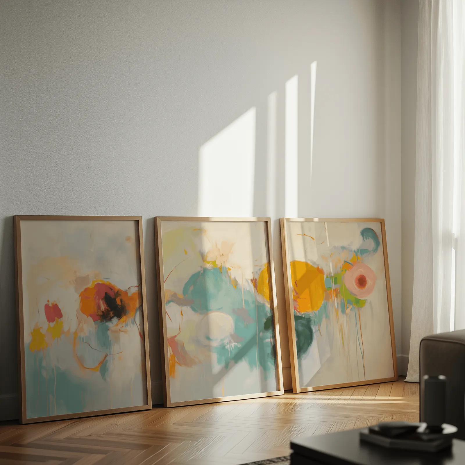 colorful abstract triptych wall art, leaning against a sunlit wall on herringbone flooring