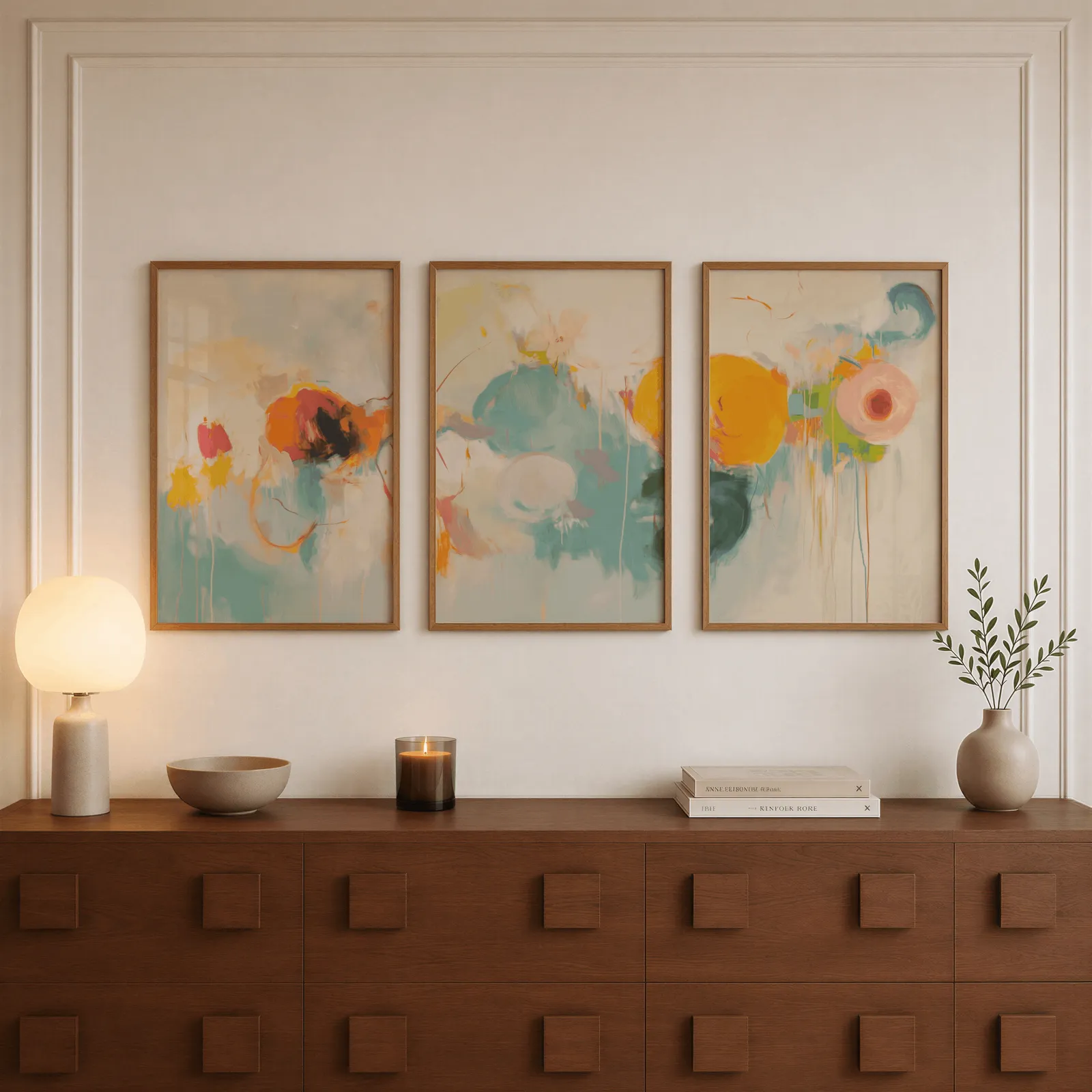 colorful abstract triptych wall art, above a walnut sideboard with a lit candle and glowing lamp