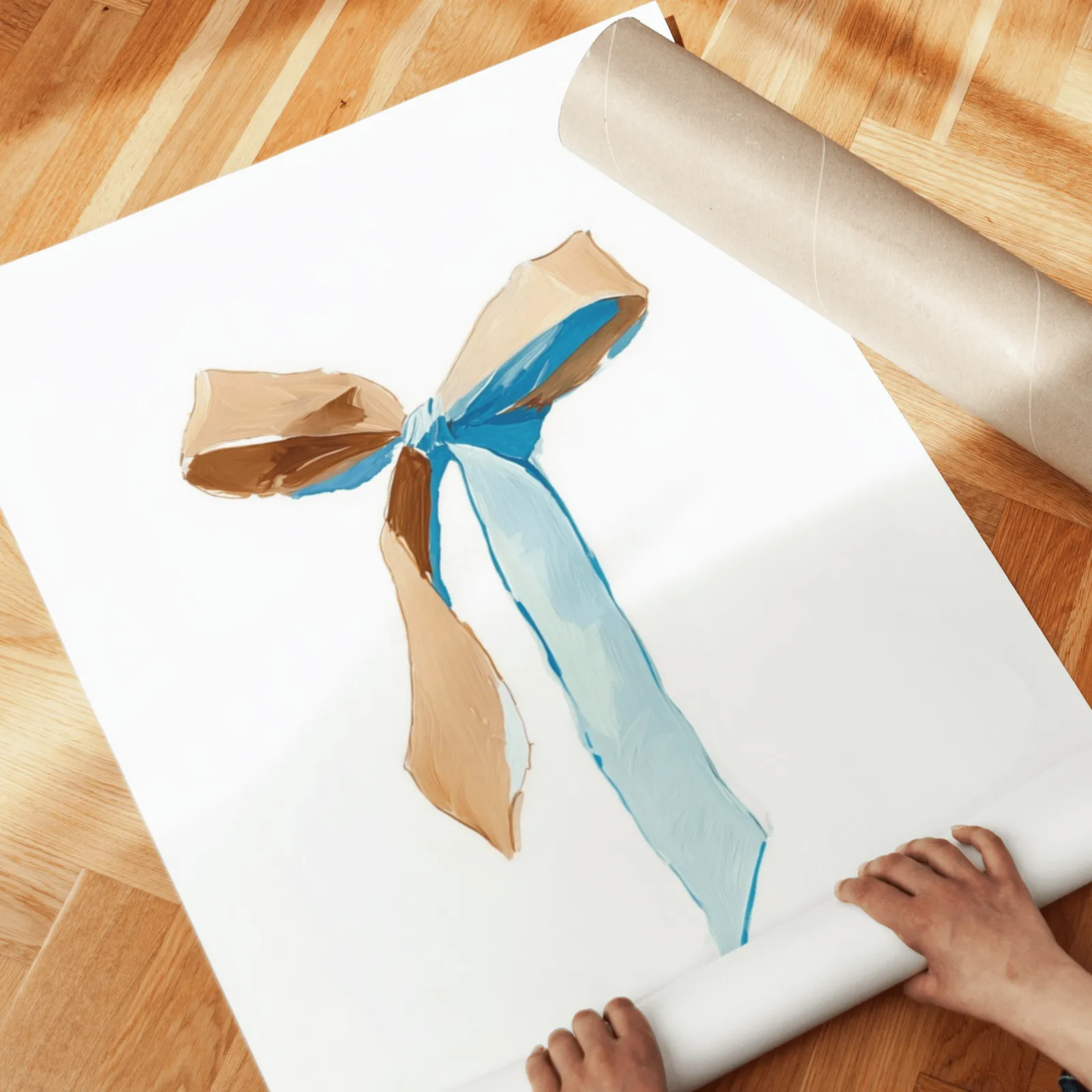 western cowgirl wall art set of 3 with hat ribbon and boots, unrolled across a herringbone wood floor by hand