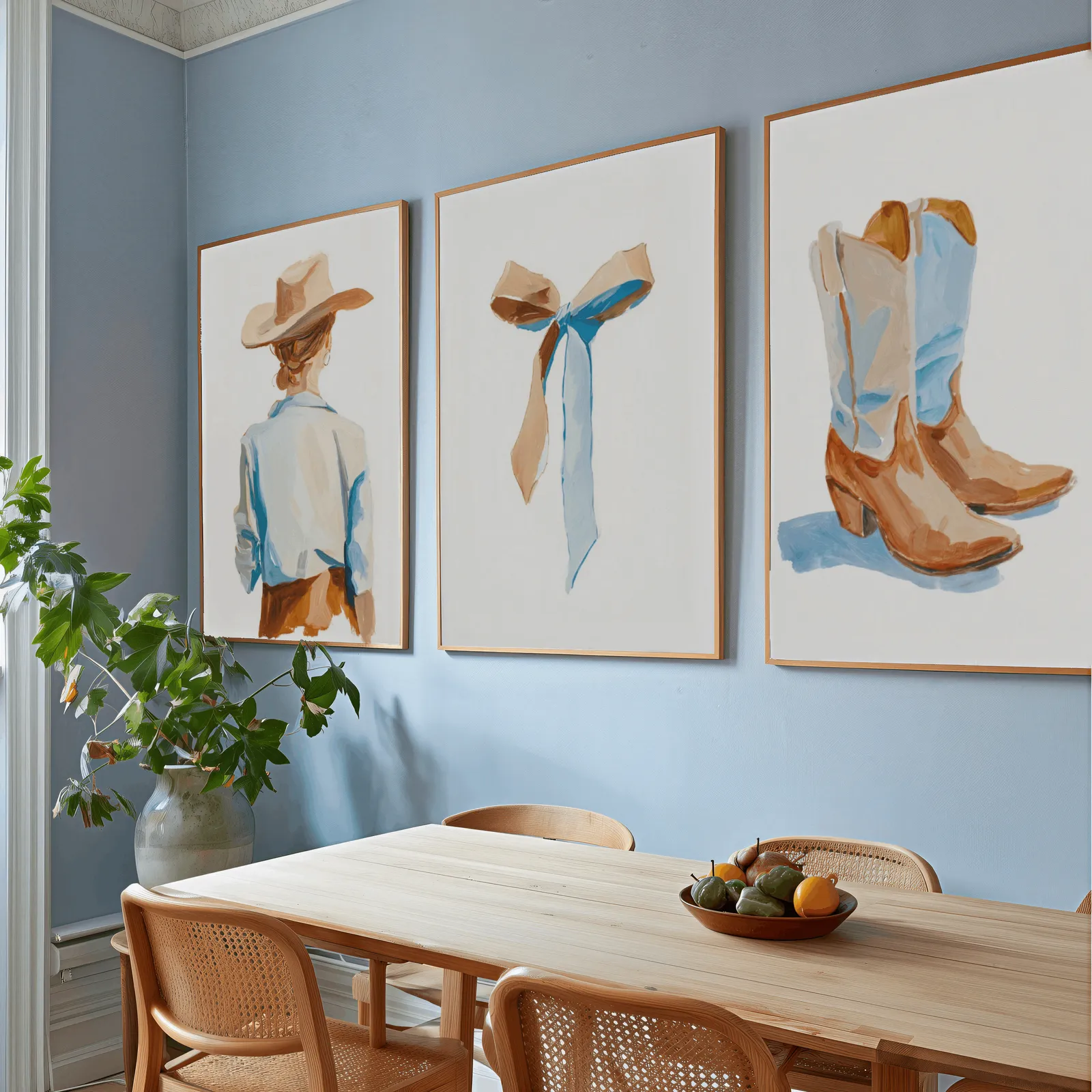 western cowgirl wall art set of 3 with hat ribbon and boots, above a wooden dining table with cane chairs and a fruit bowl