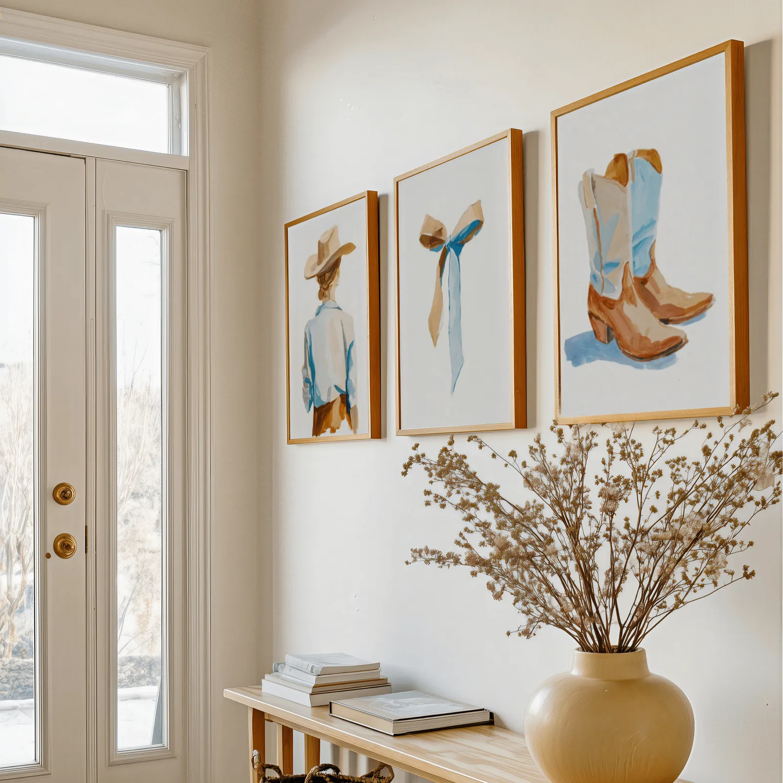 western cowgirl wall art set of 3 with hat ribbon and boots, above a console table with a yellow vase of dried branches