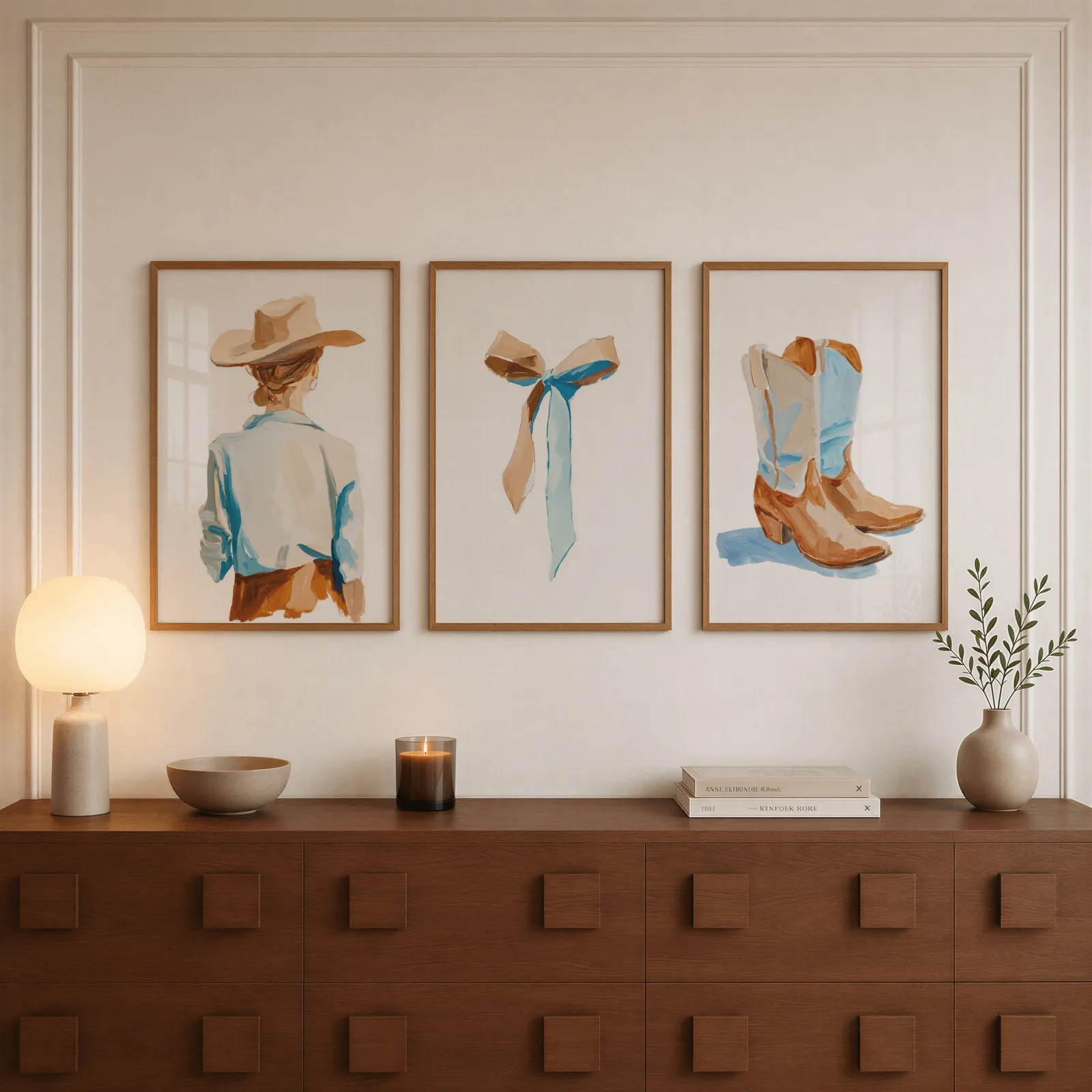 western cowgirl wall art set of 3 with hat ribbon and boots, above a walnut sideboard with a lit candle and glowing lamp