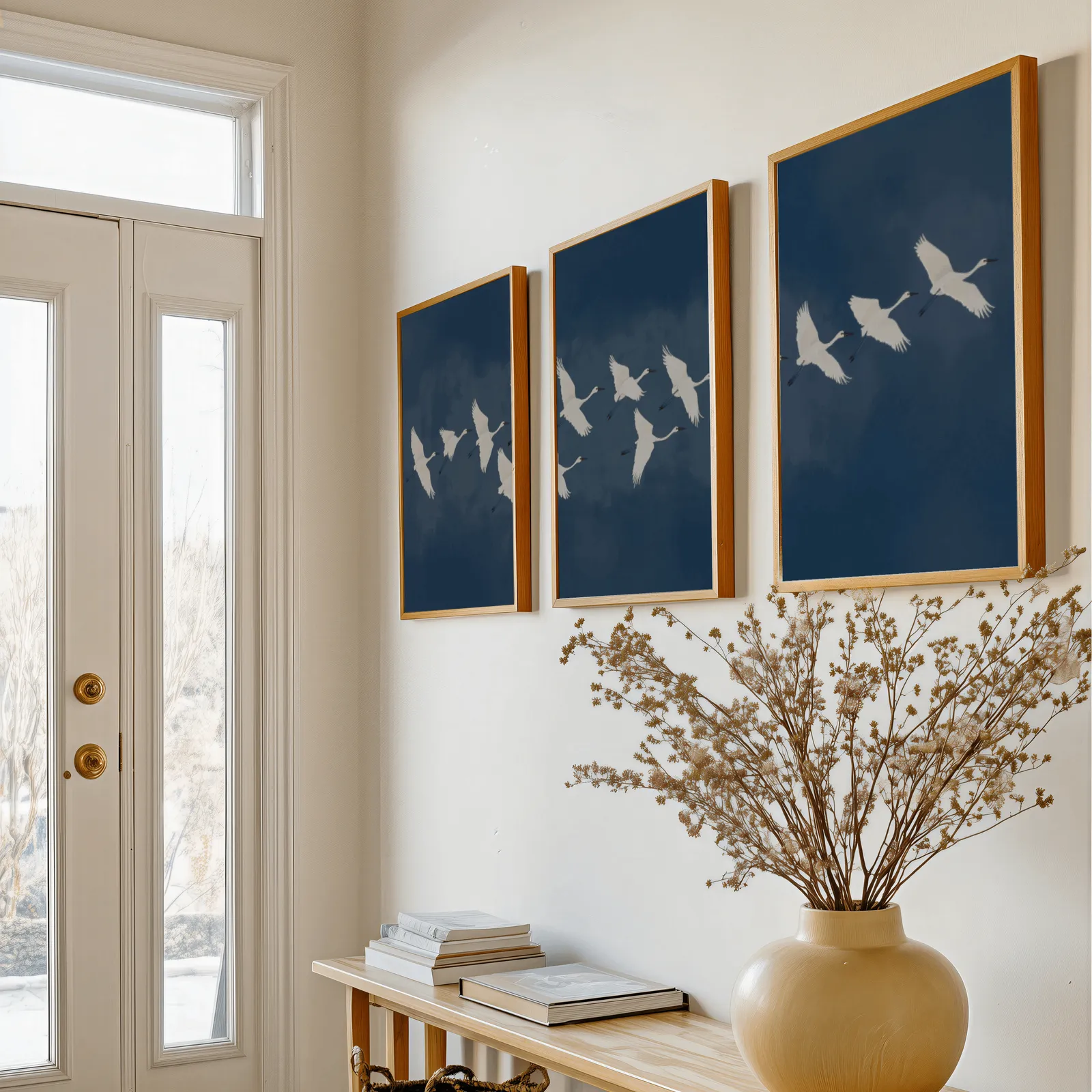 blue crane triptych wall art set, above a console table with a yellow vase of dried branches