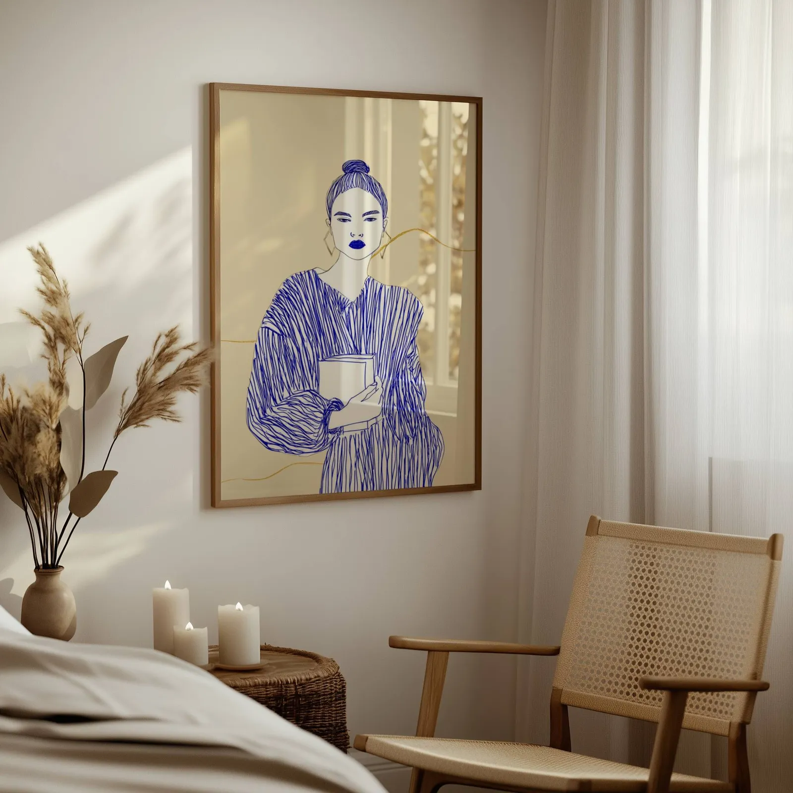 blue line art woman reading wall art, above a woven side table with lit candles and pampas grass