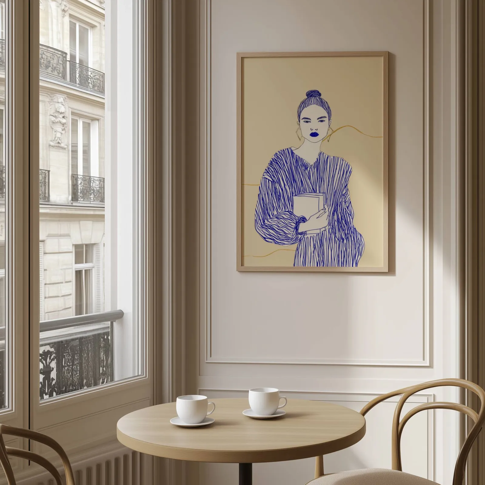 blue line art woman reading wall art, above a round café table set with two coffee cups