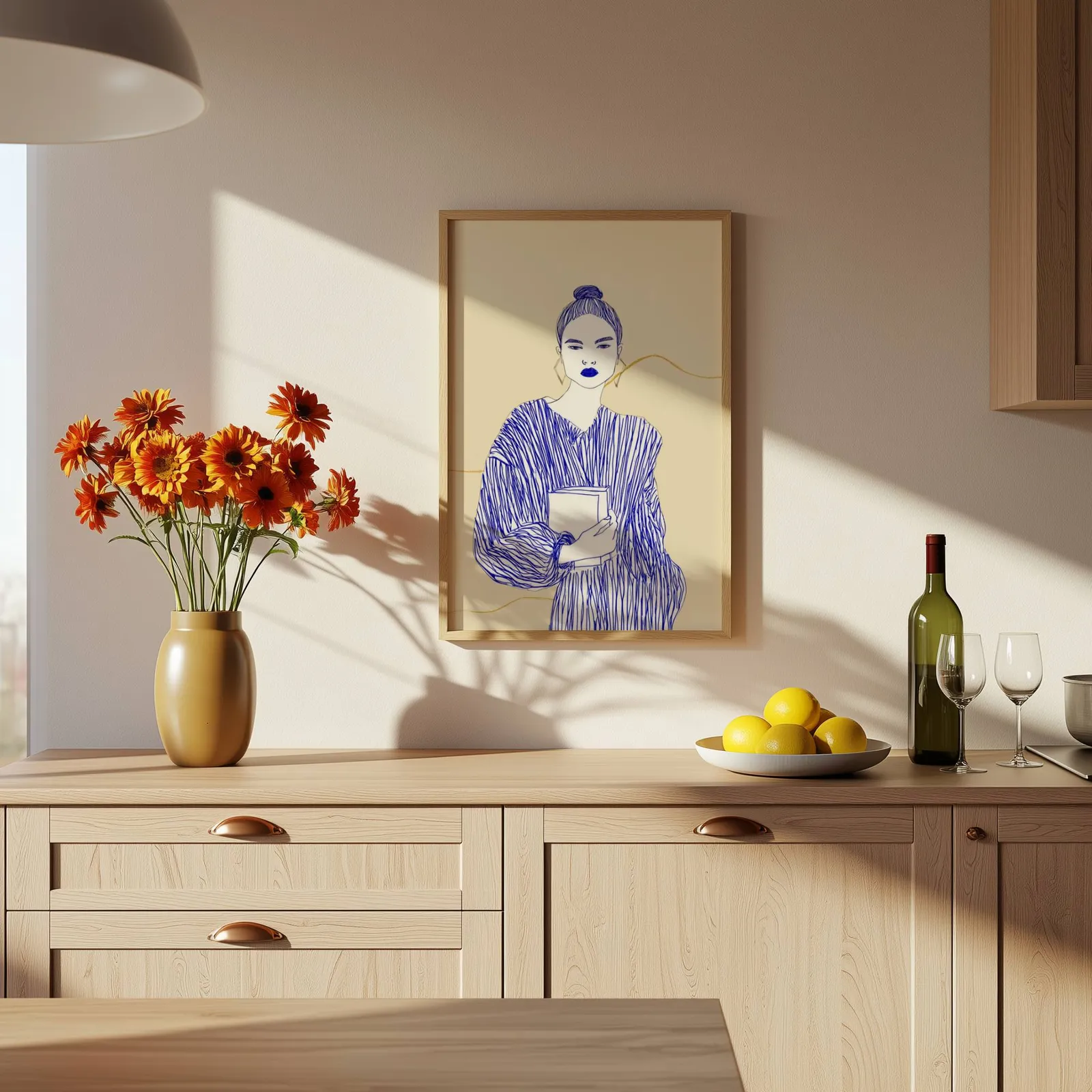 blue line art woman reading wall art, above a wooden counter with a bowl of lemons