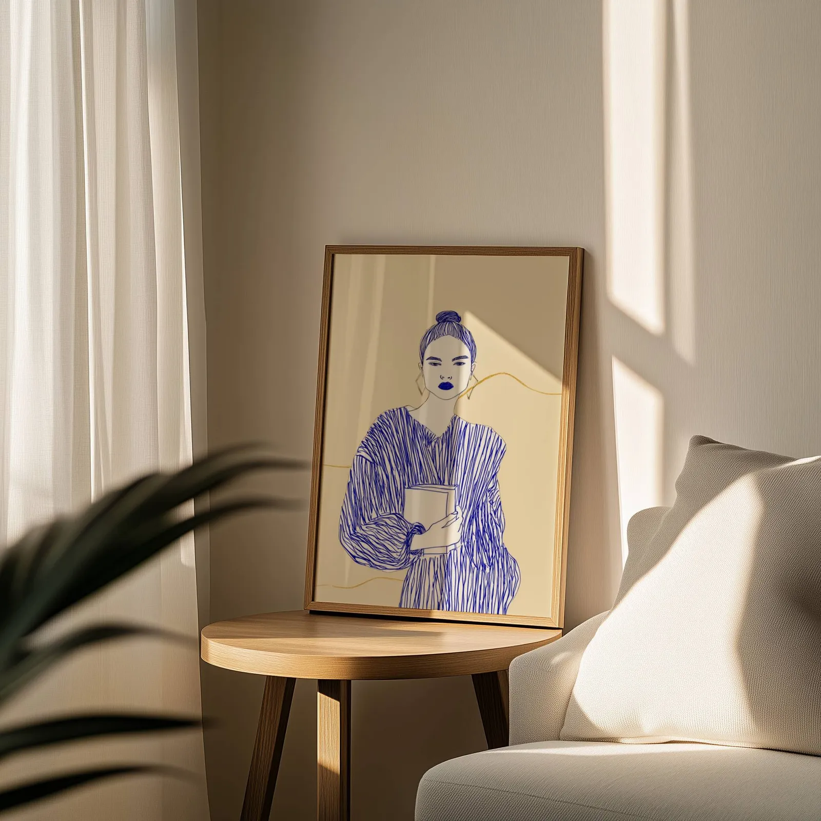 blue line art woman reading wall art, leaning on a round wooden side table by a sheer curtain