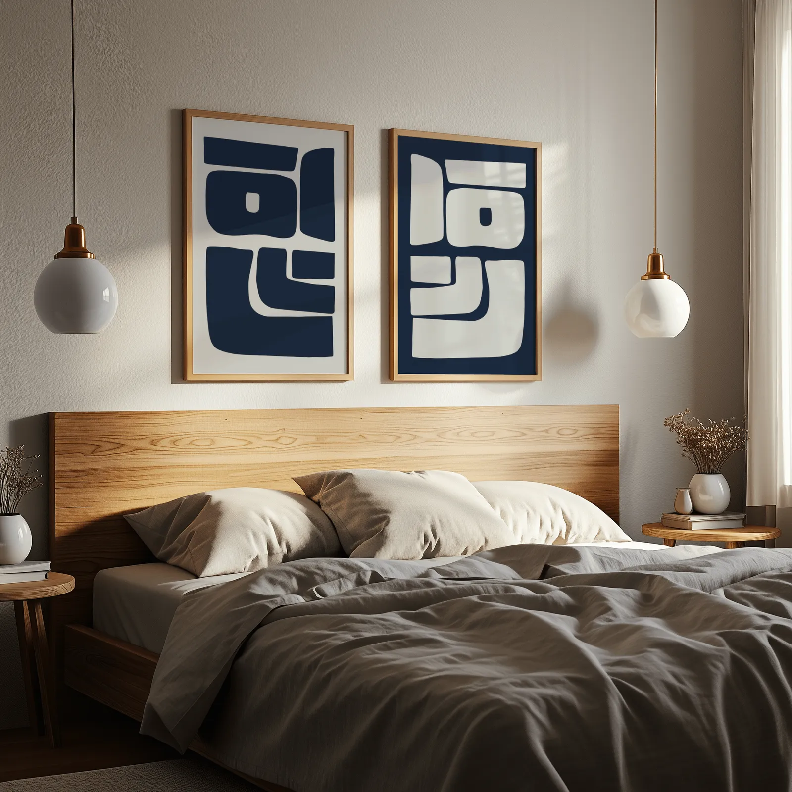 blue and grey abstract minimalist wall art set of two, above a wooden headboard flanked by globe pendant lights