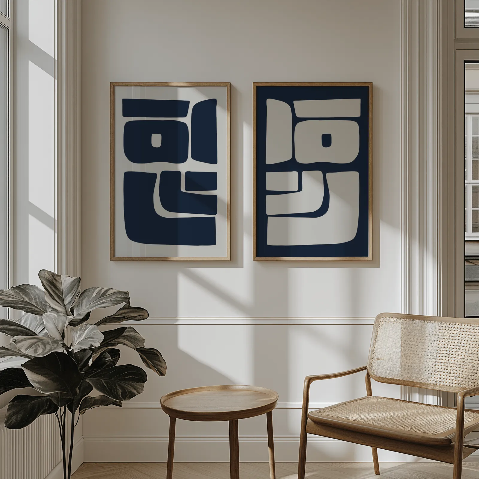 blue and grey abstract minimalist wall art set of two, above wainscoting beside a cane armchair and fiddle-leaf fig